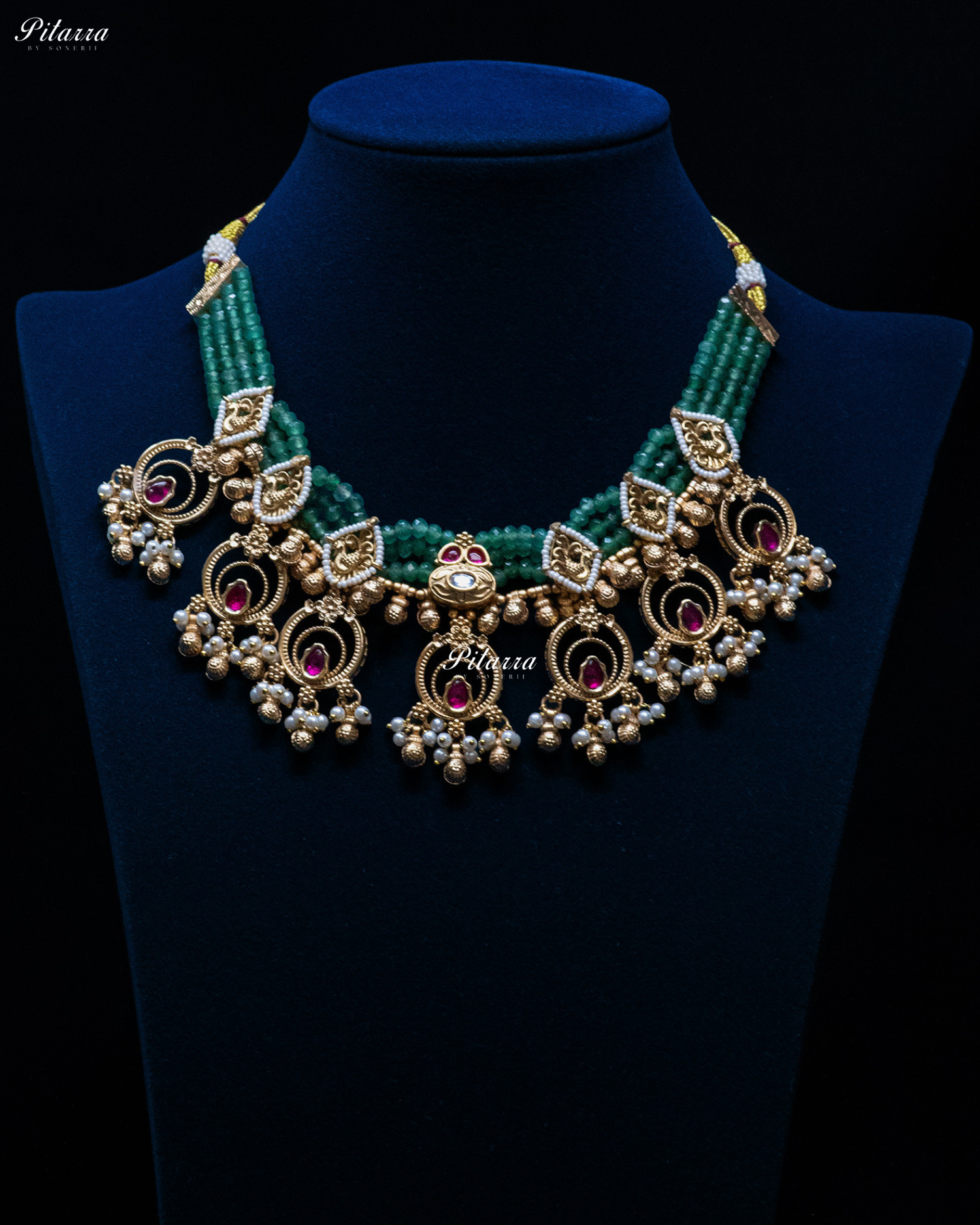 Multi Bird Motif Dark Green Beads Kundan Necklace Set