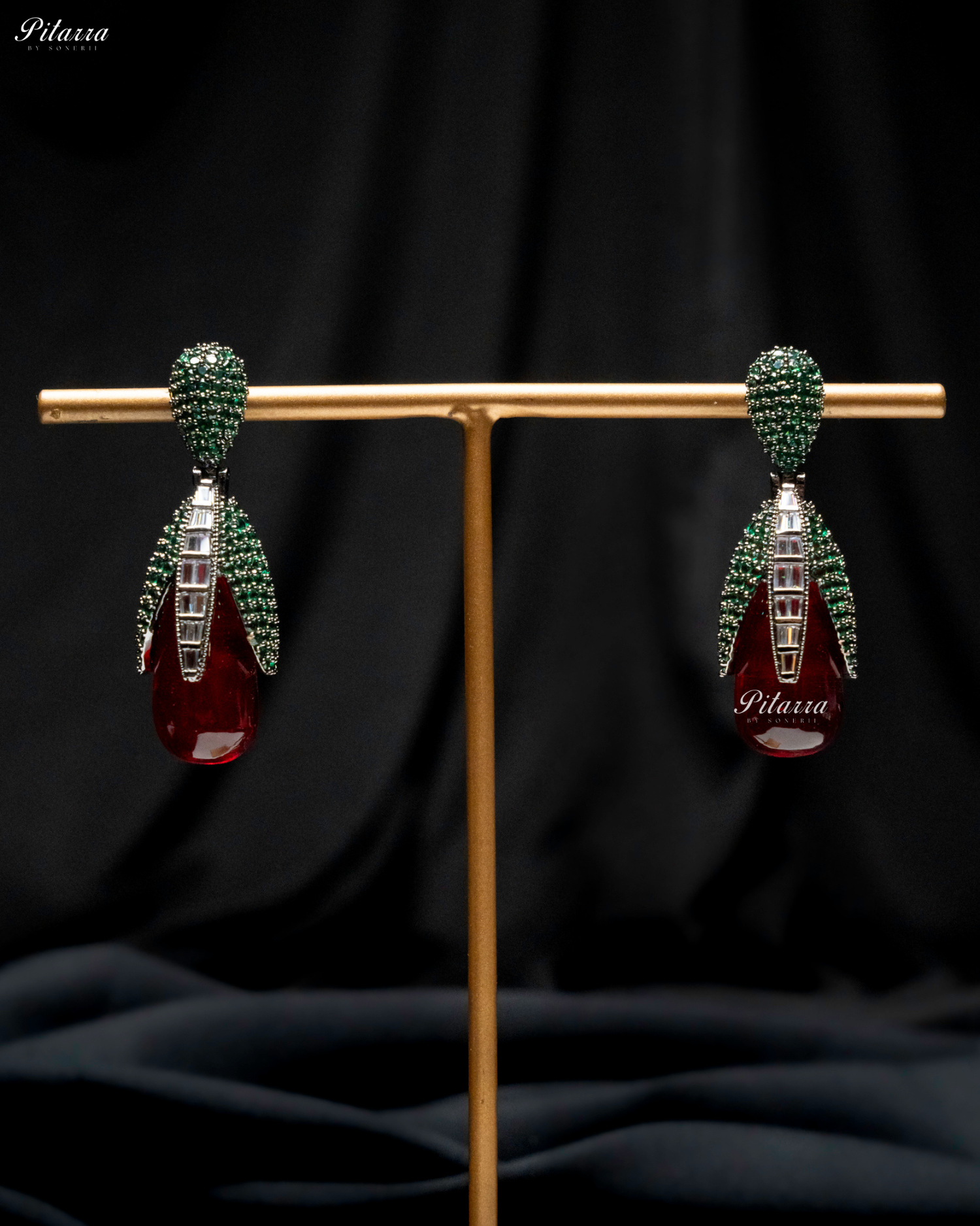 Emerald Leaf Ruby Red Teardrop CZ Crystal Earrings