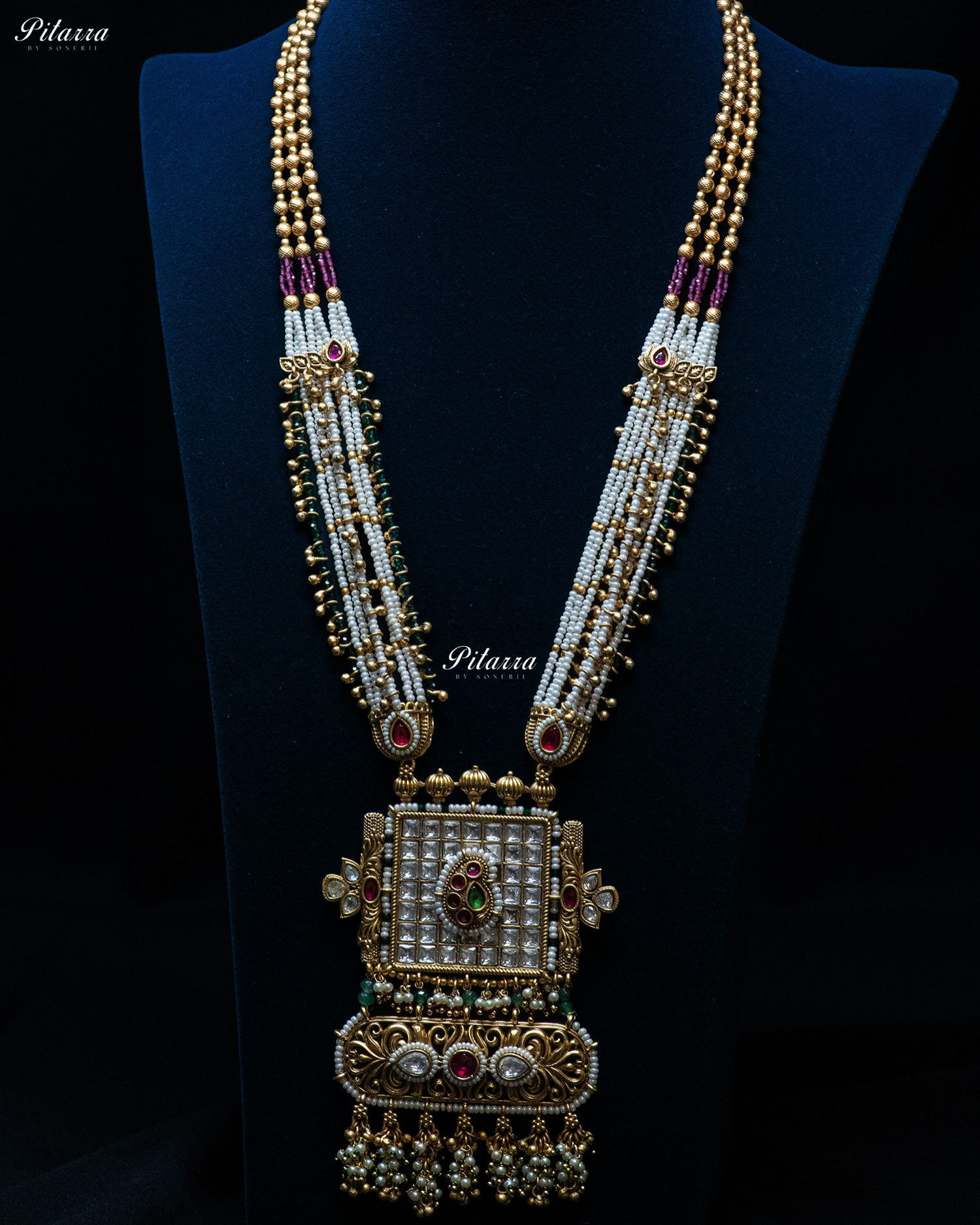 Golden Dual Stone Multi Strand Long Kundan Necklace Set