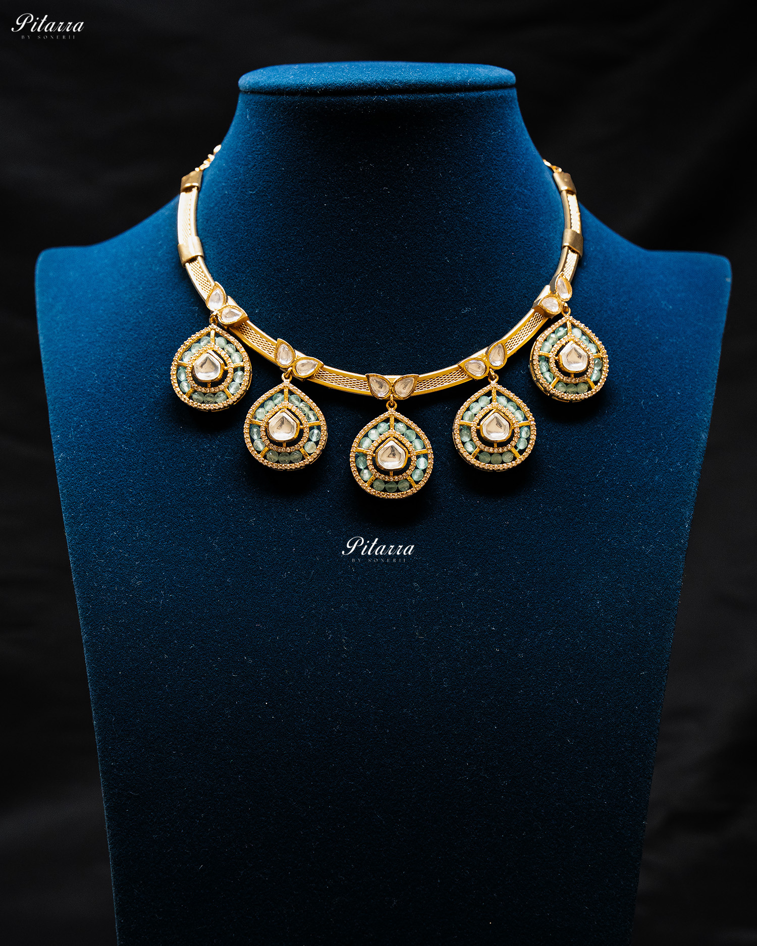 Sky Blue Crystals Teardrop Gold Plated Kundan Necklace Set
