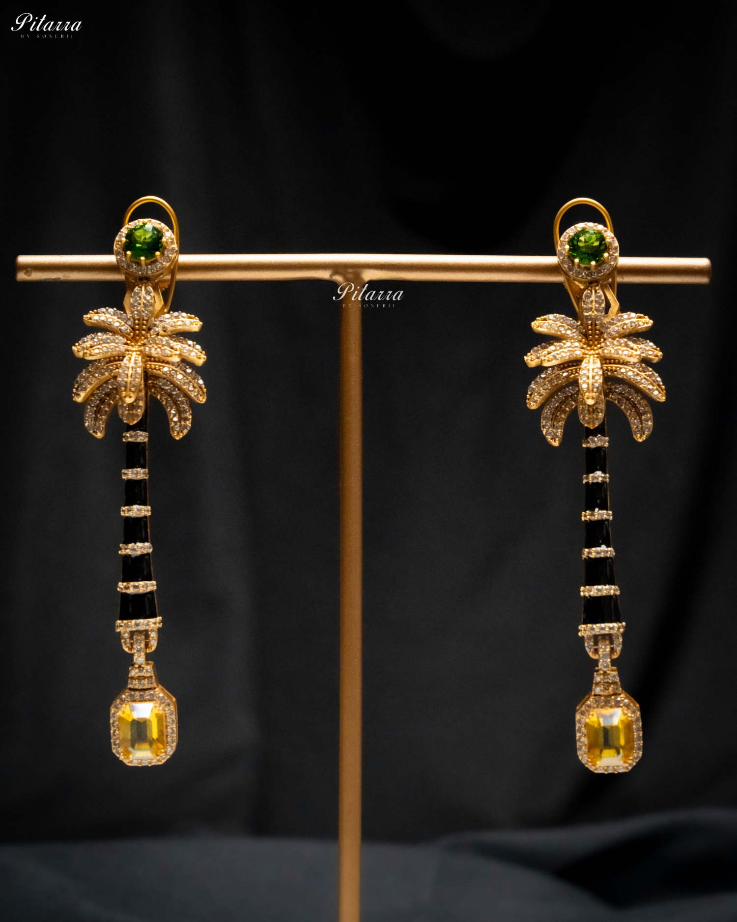 Green and Yellow Stone Palm Tree Crystal Earrings