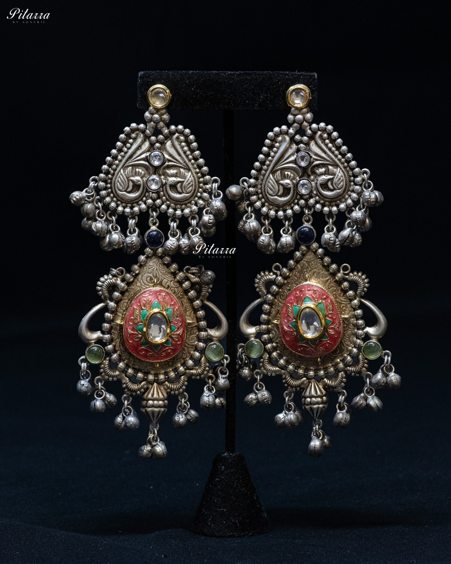 Peacock Design Pink Antique Drop Silver Look Alike Dangle Earrings