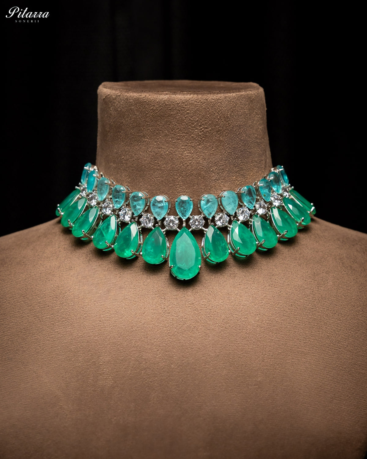 Aqua Green & Light Aqua Blue Crystal Statement Choker Necklace Set