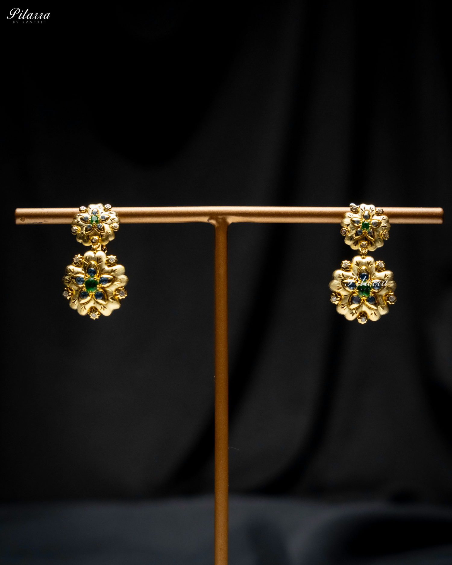 Gold Floral Green Stone 92.5 Silver Dangler Earrings