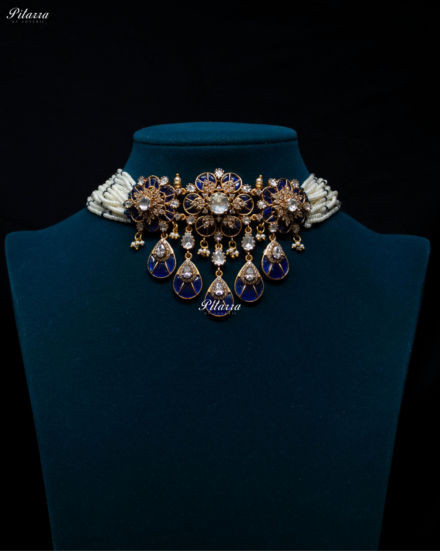 Royal Blue Luxury Meenakari Polki Choker Necklace Set