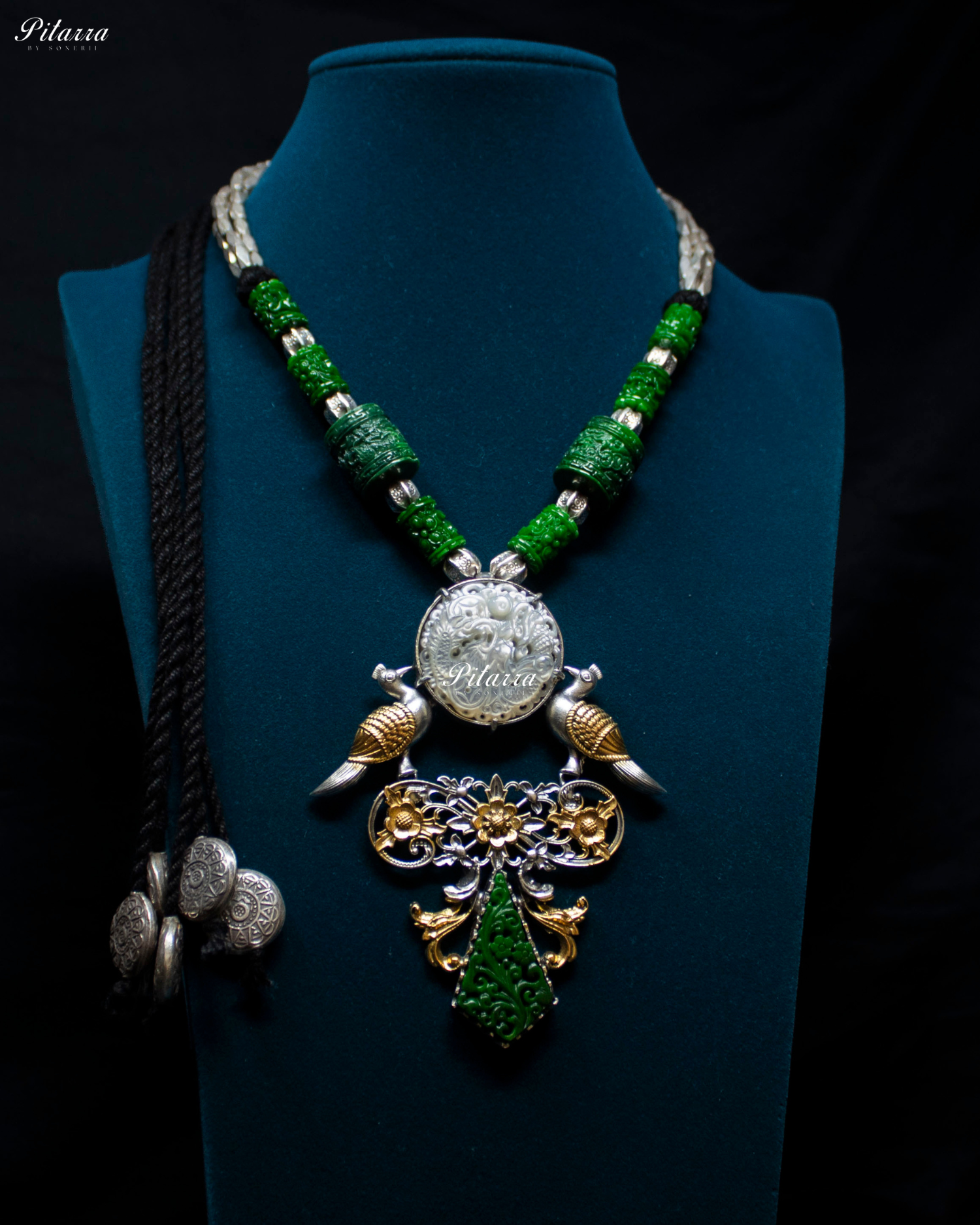 Bird Motifs Green Elements 92.5 Silver Necklace