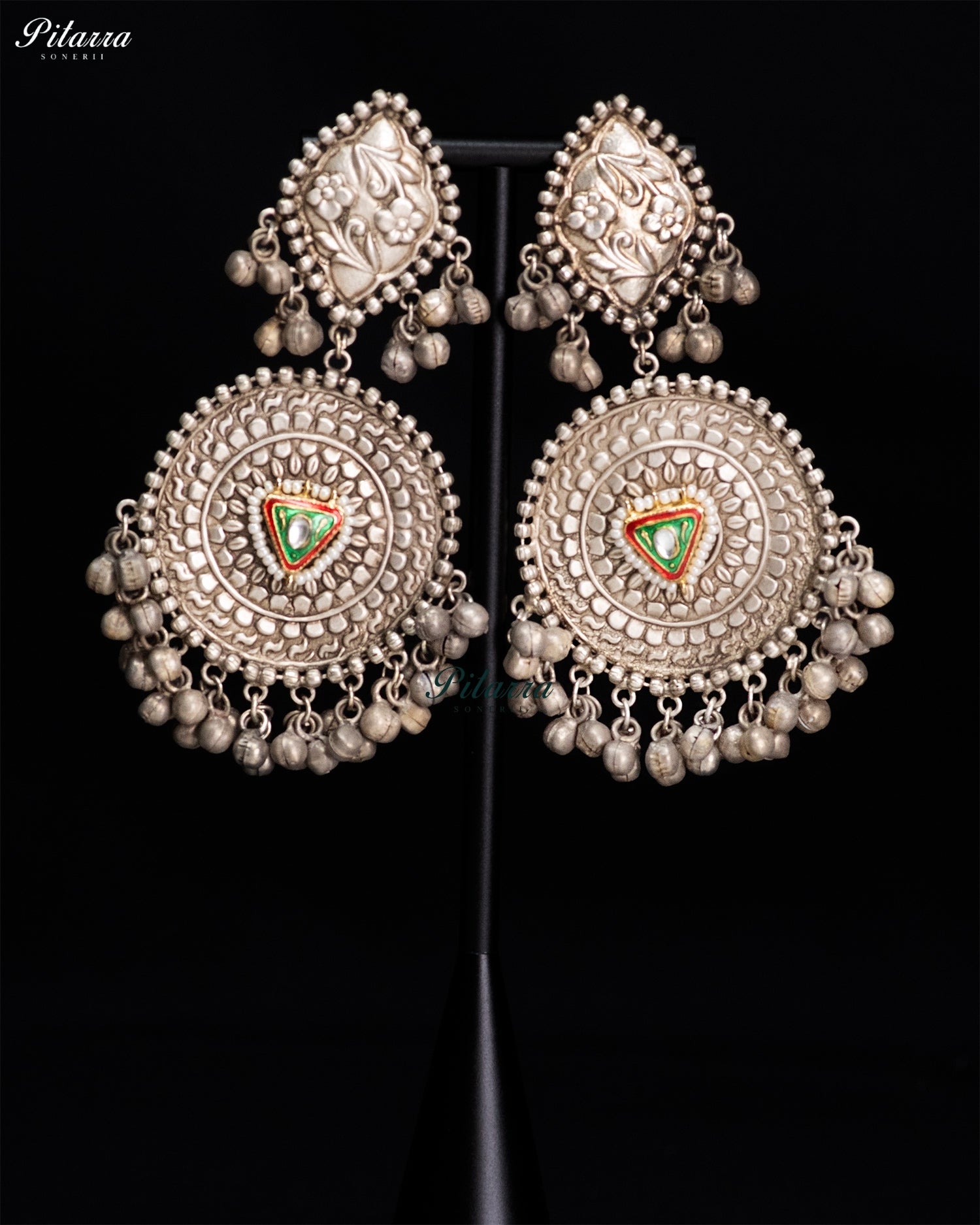 Tricolor Silver Look-Alike Tribal Statement Earrings