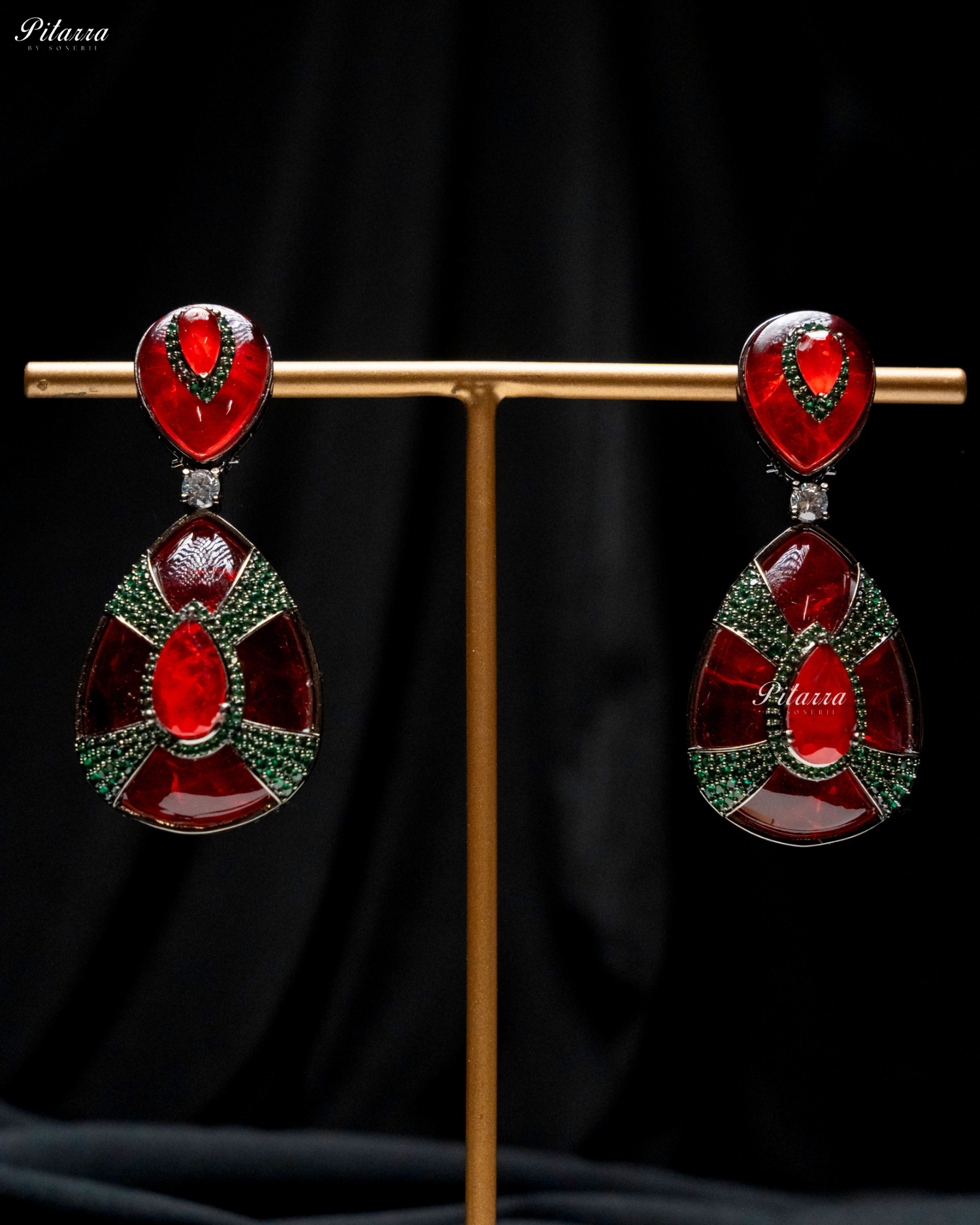 Red Stone Red Drop Emerald Line Crystal Dangler Earrings