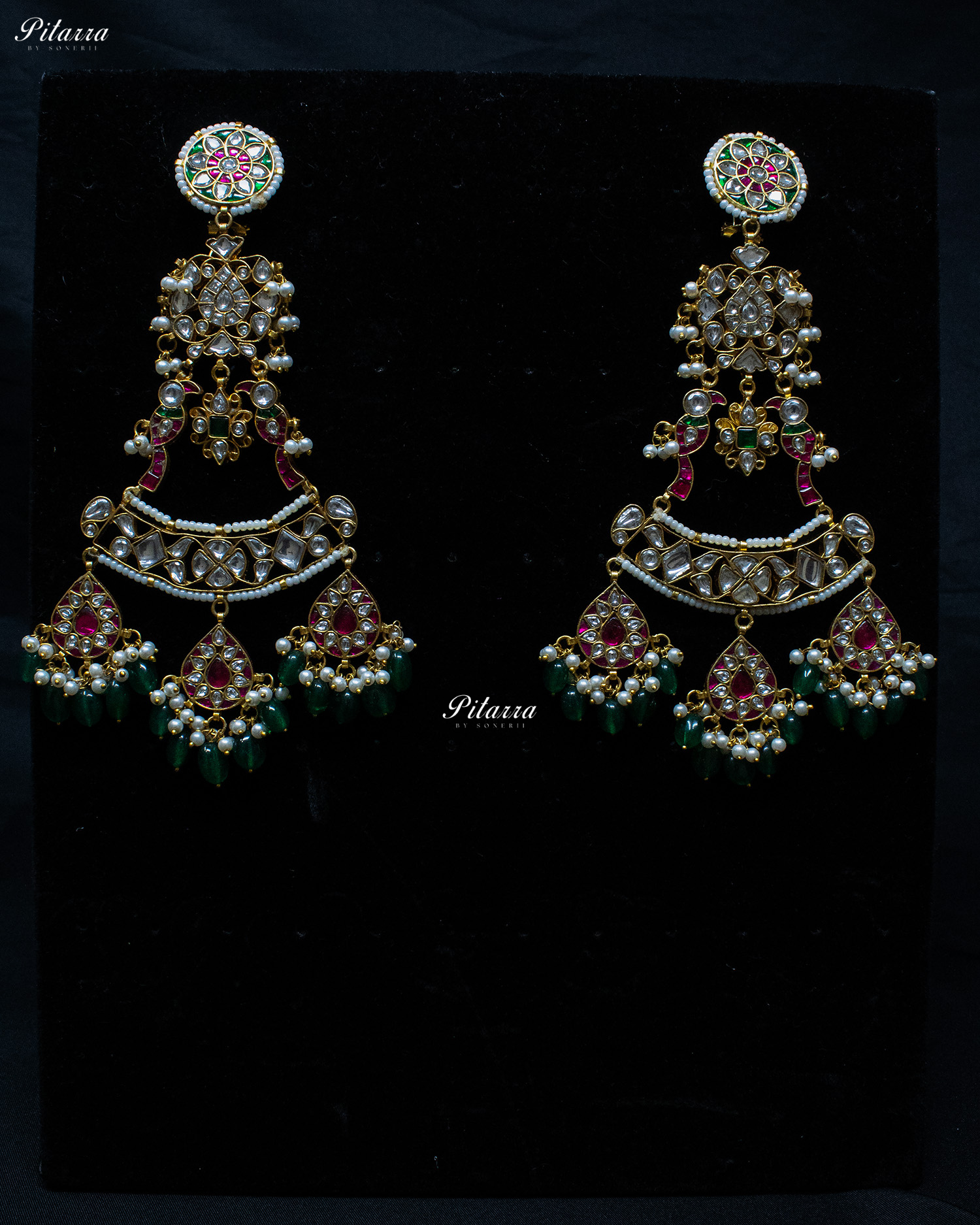Long Emerald Beads Kundan Jadau Earrings