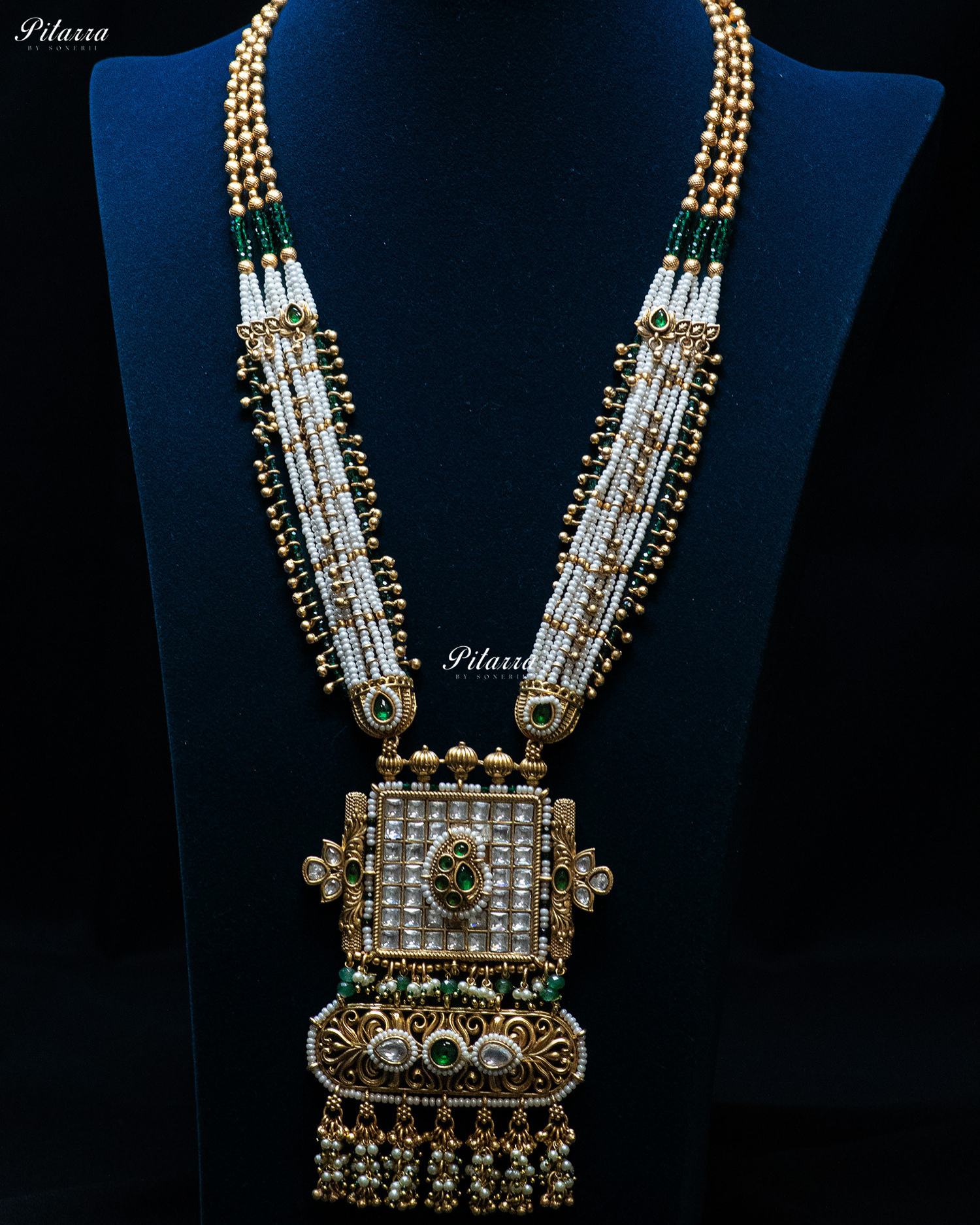 Golden Green Stone Multi Strand Long Kundan Necklace Set