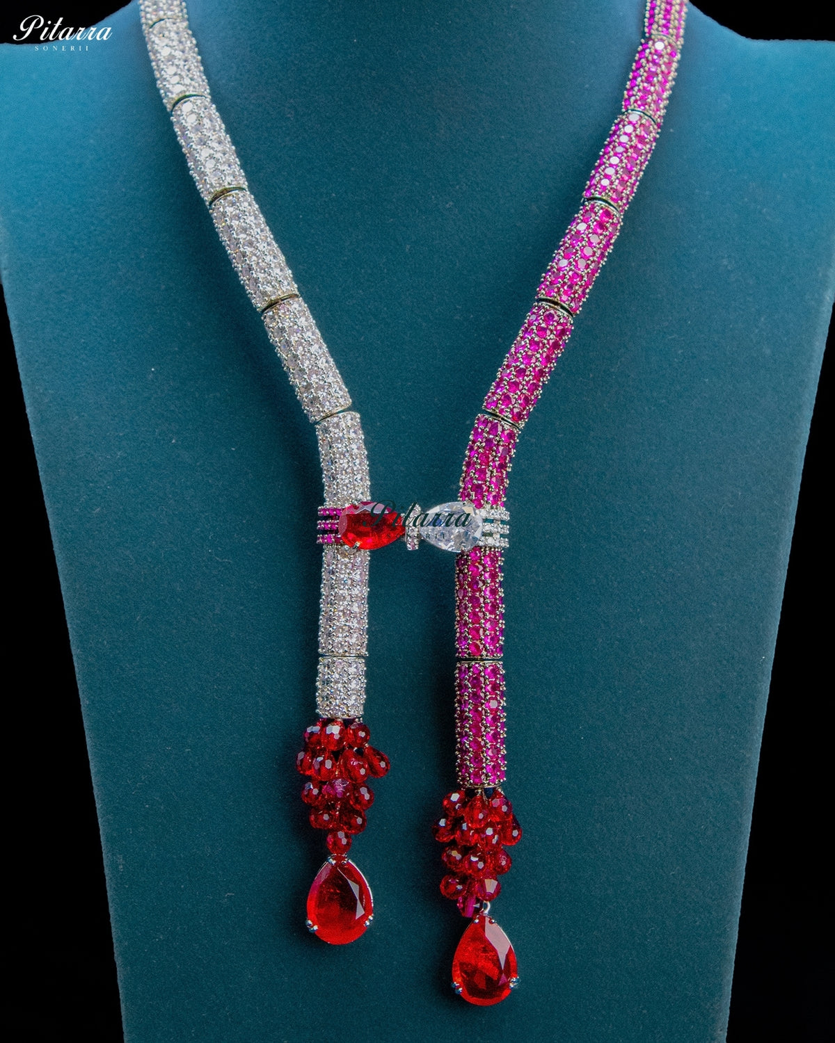 Red and Pink Crystal Tassel Lariat Necklace Set