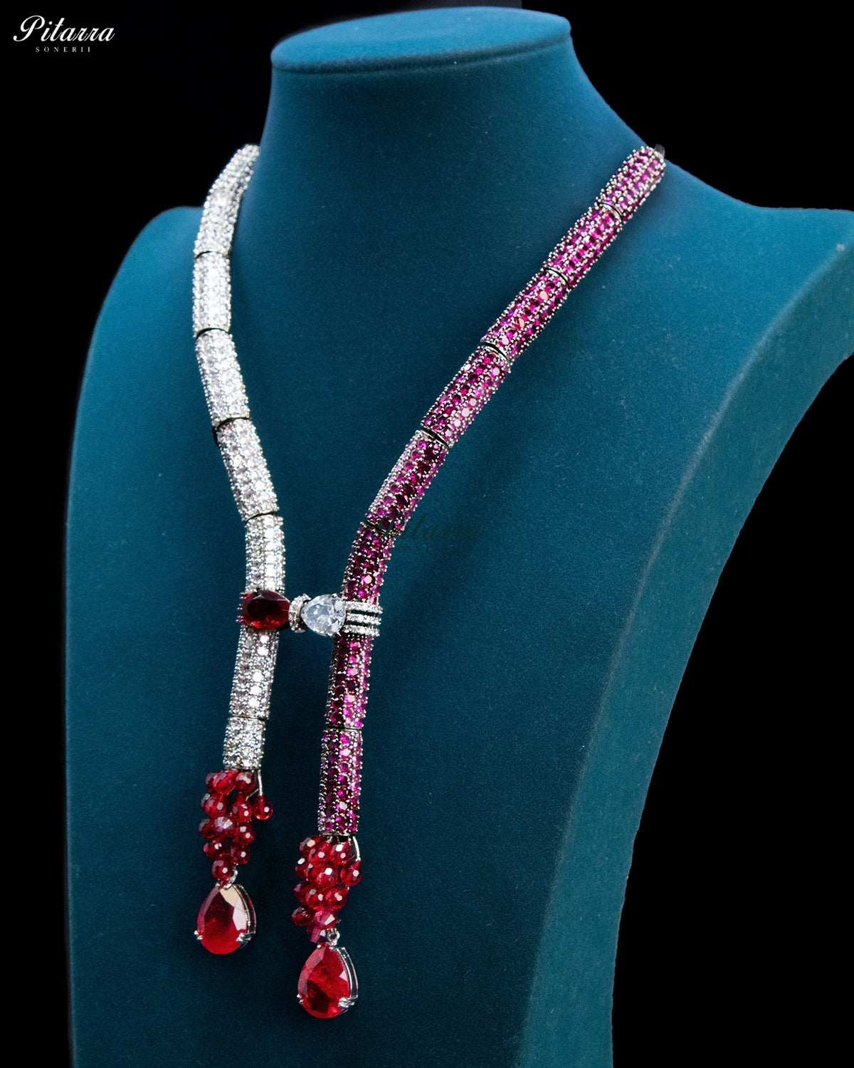 Red and Pink Crystal Tassel Lariat Necklace Set