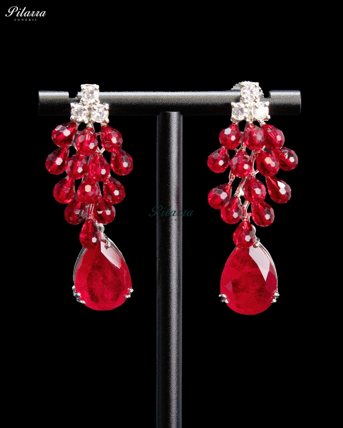 Red and Pink Crystal Tassel Lariat Necklace Set