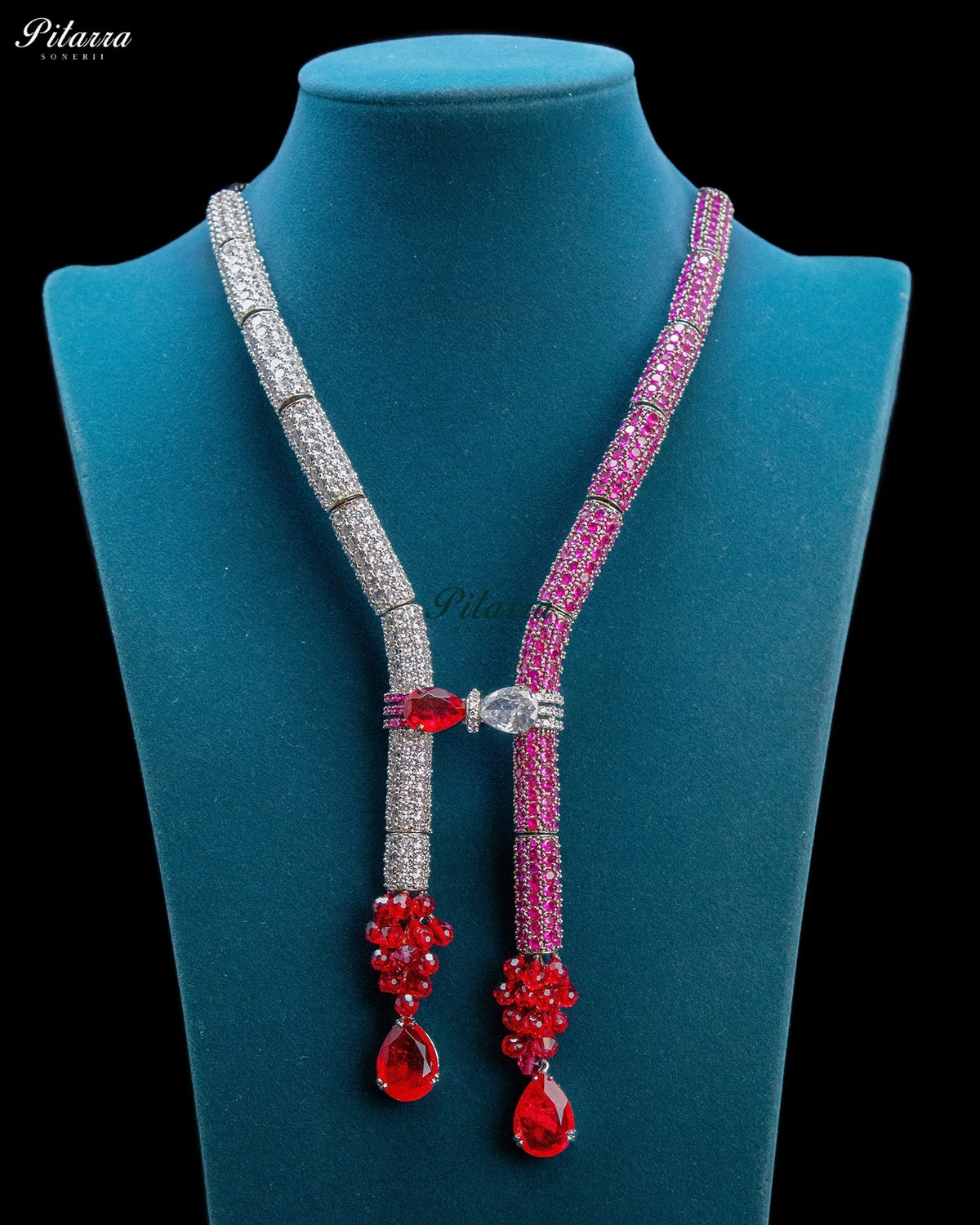 Red and Pink Crystal Tassel Lariat Necklace Set