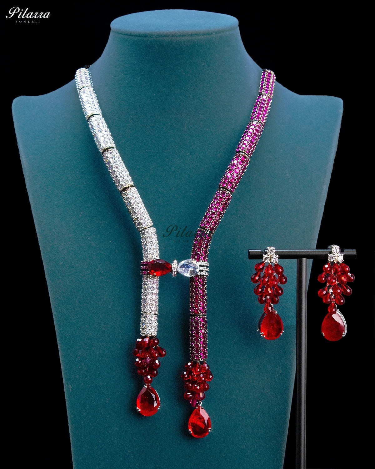 Red and Pink Crystal Tassel Lariat Necklace Set