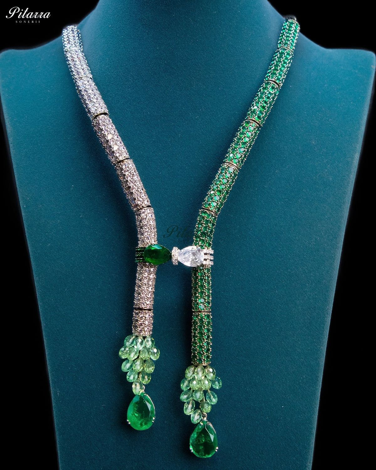 Green and Silver Crystal Tassel Lariat Necklace Set