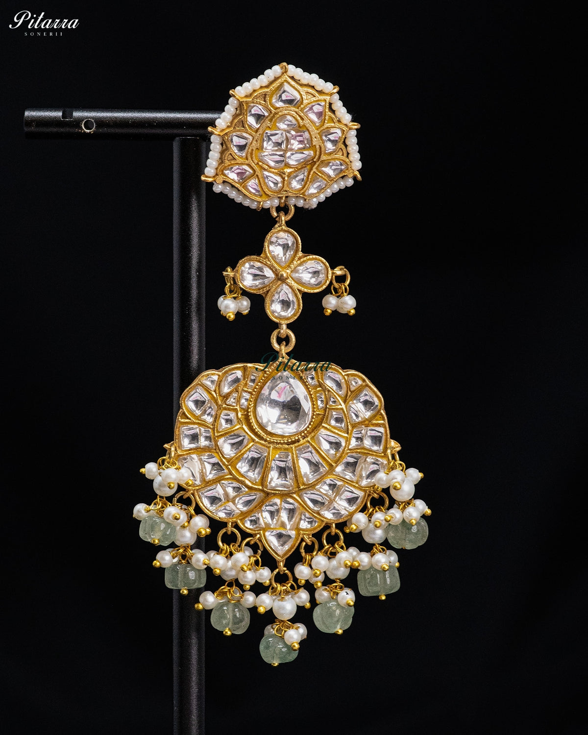White Green Pearl Kundan Chandbali Earrings