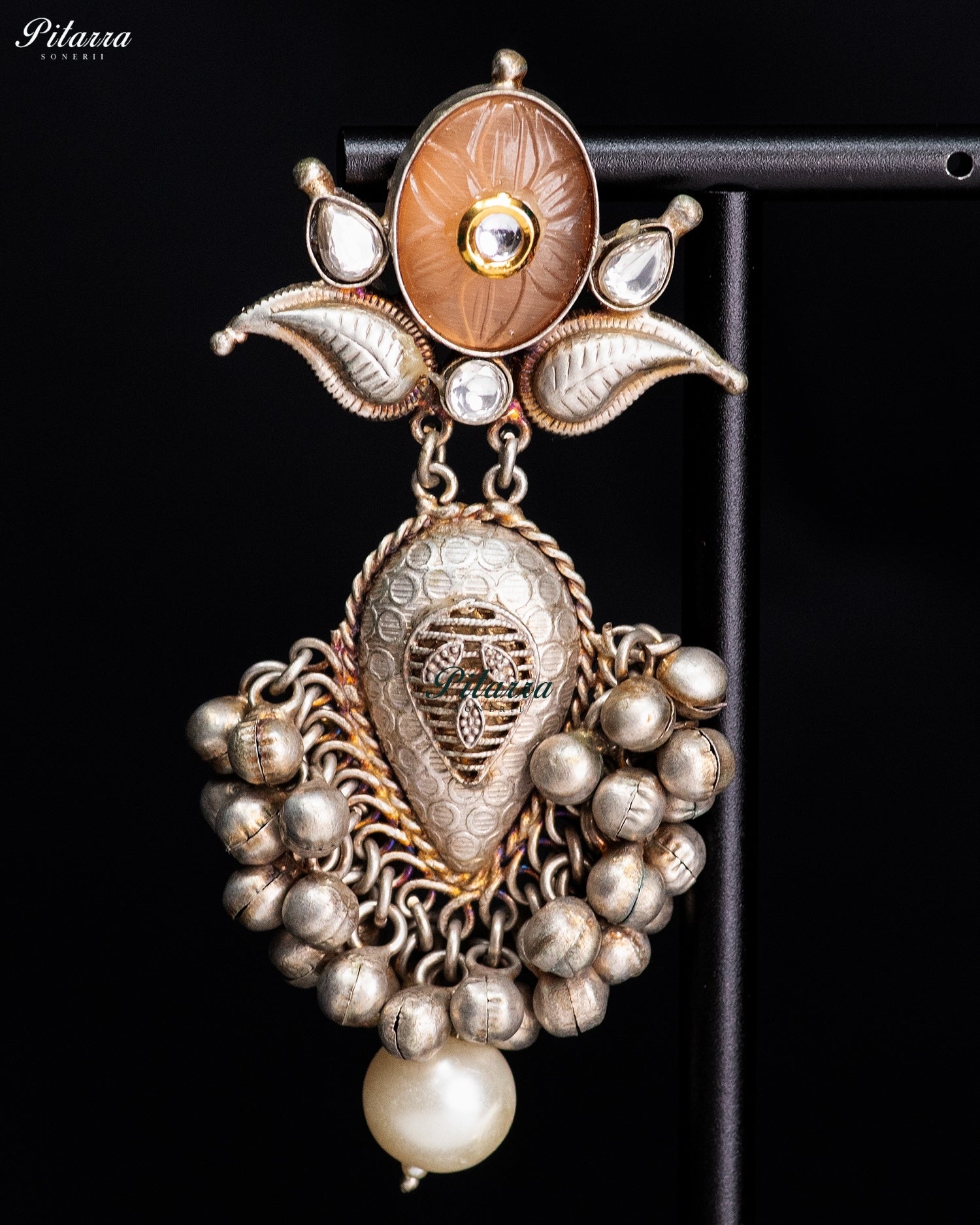 Carved Peach Stone Silver Look-Alike Ghungroo Earrings
