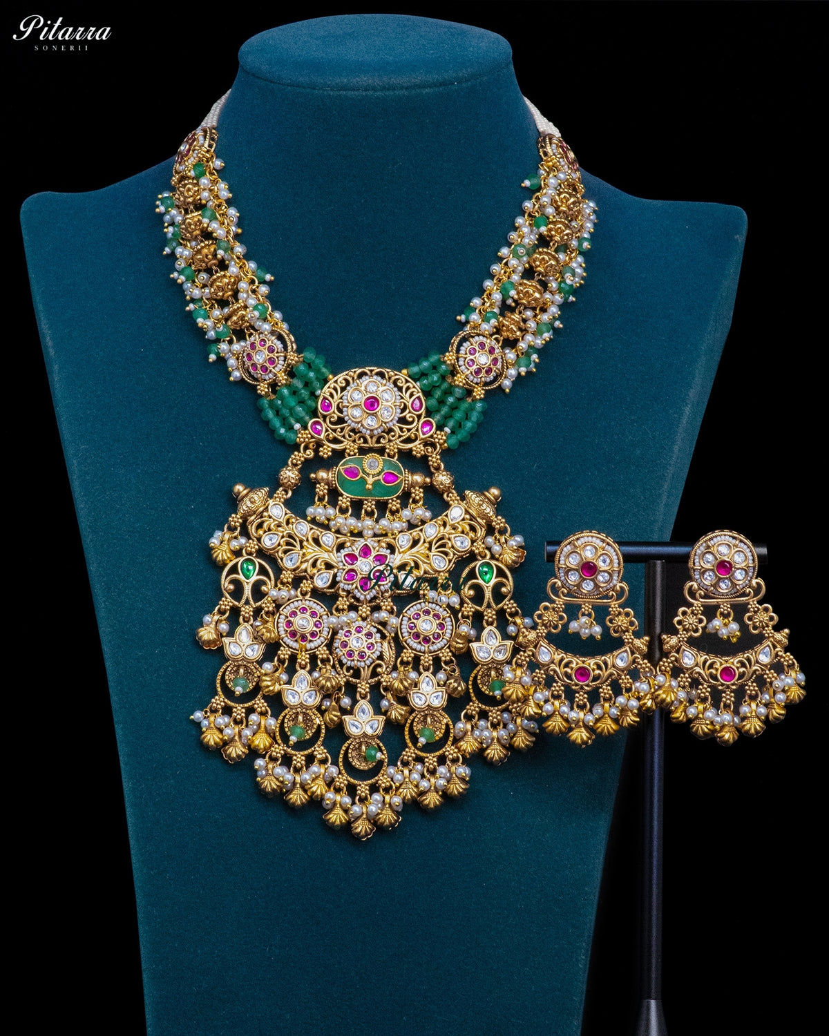 Antique Gold Plated Green Beaded Peacock Kundan Long Necklace Set