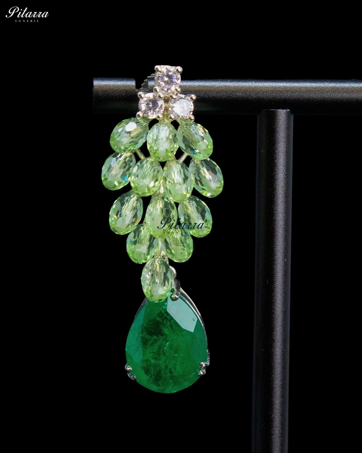 Green and Silver Crystal Tassel Lariat Necklace Set