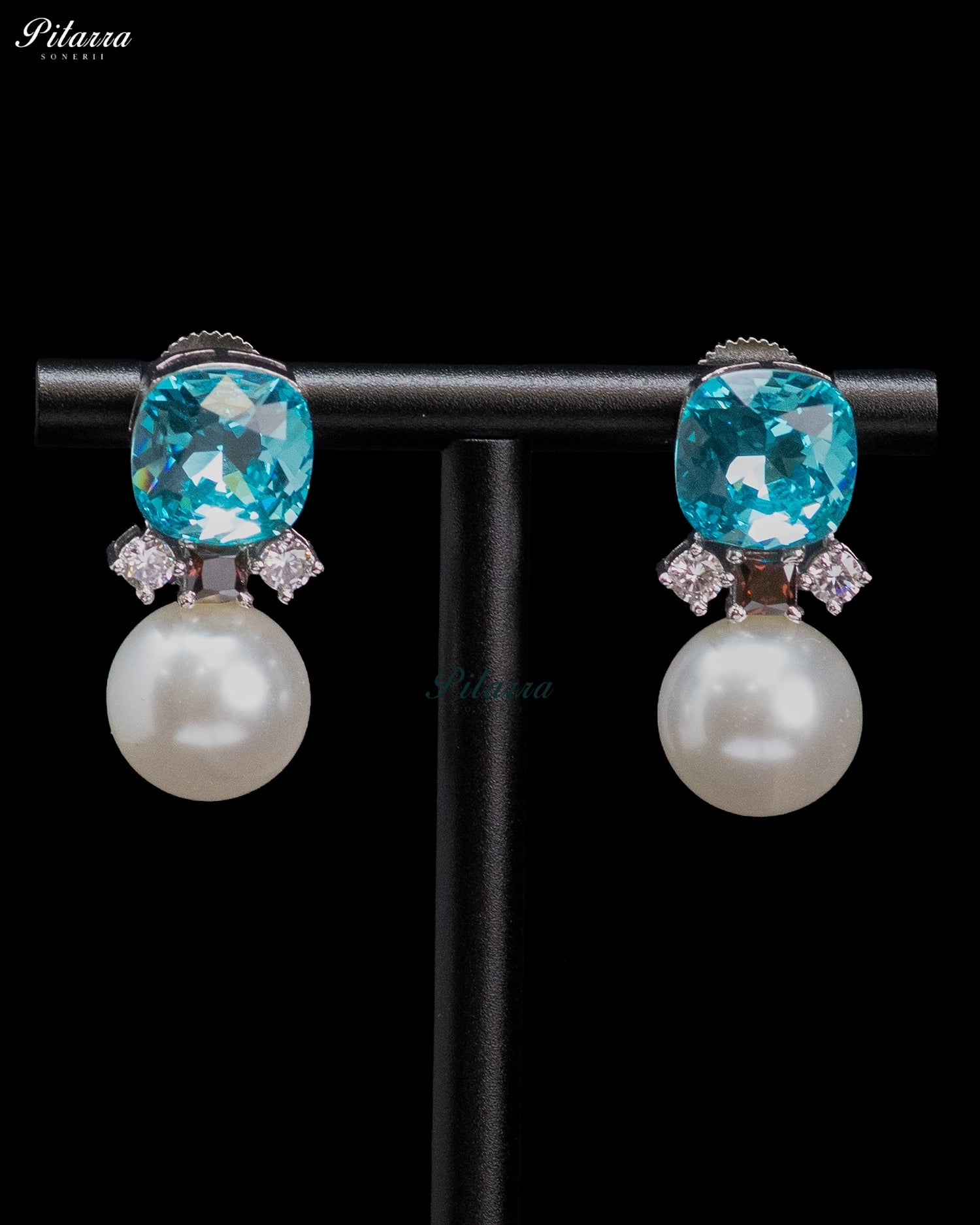 Aqua Blue Crystal Pearl Drop Earrings