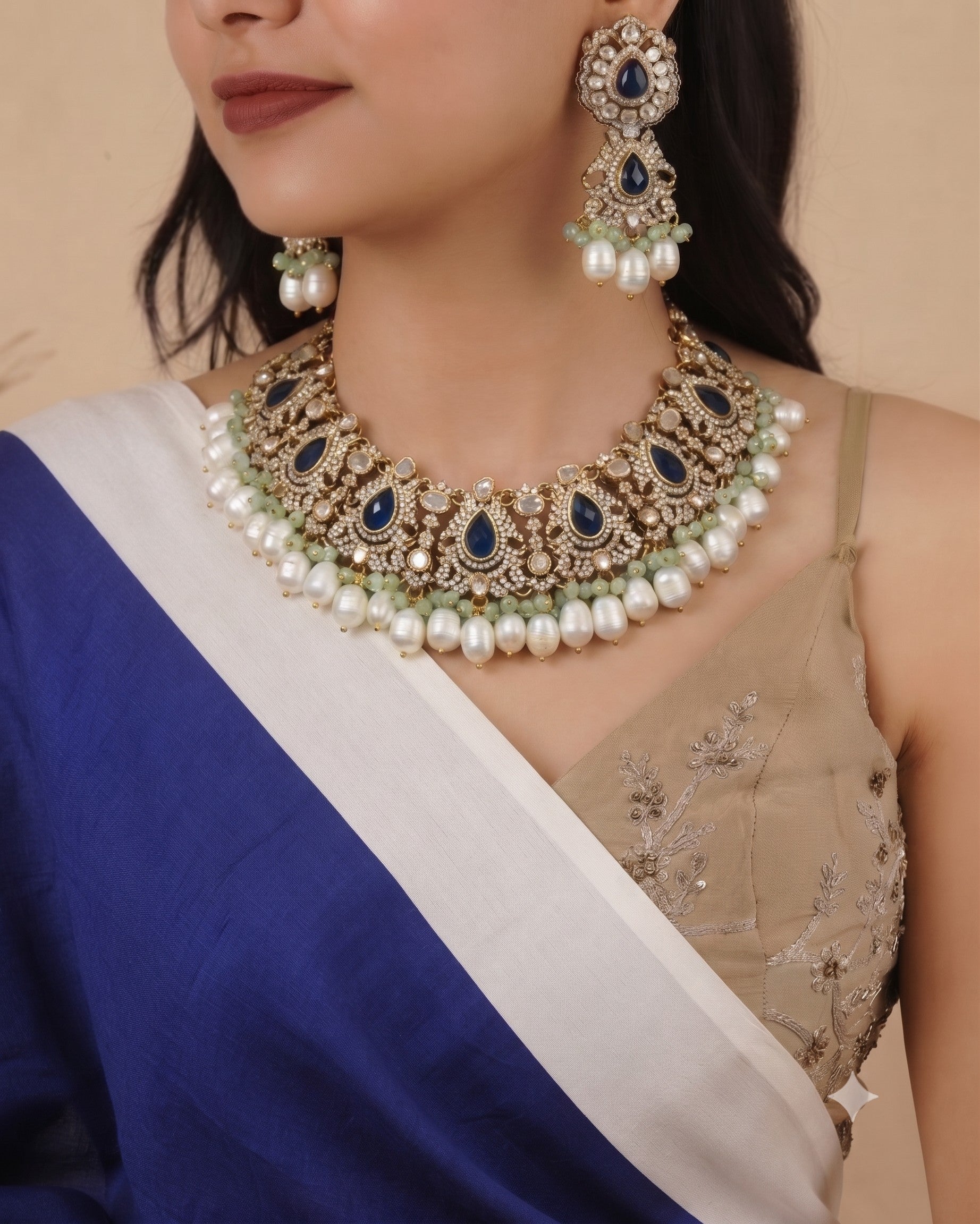 White Pearl Blue Stone Pitarra Kundan Necklace