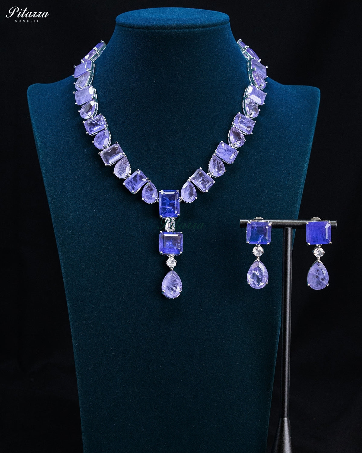 Lavender Purple Geometric and Pear-Drop Statement Necklace Set