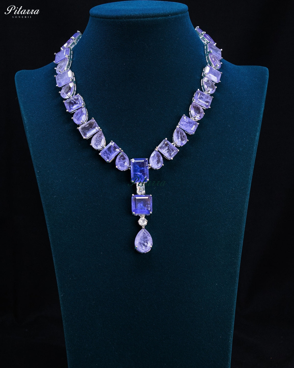 Lavender Purple Geometric and Pear-Drop Statement Necklace Set