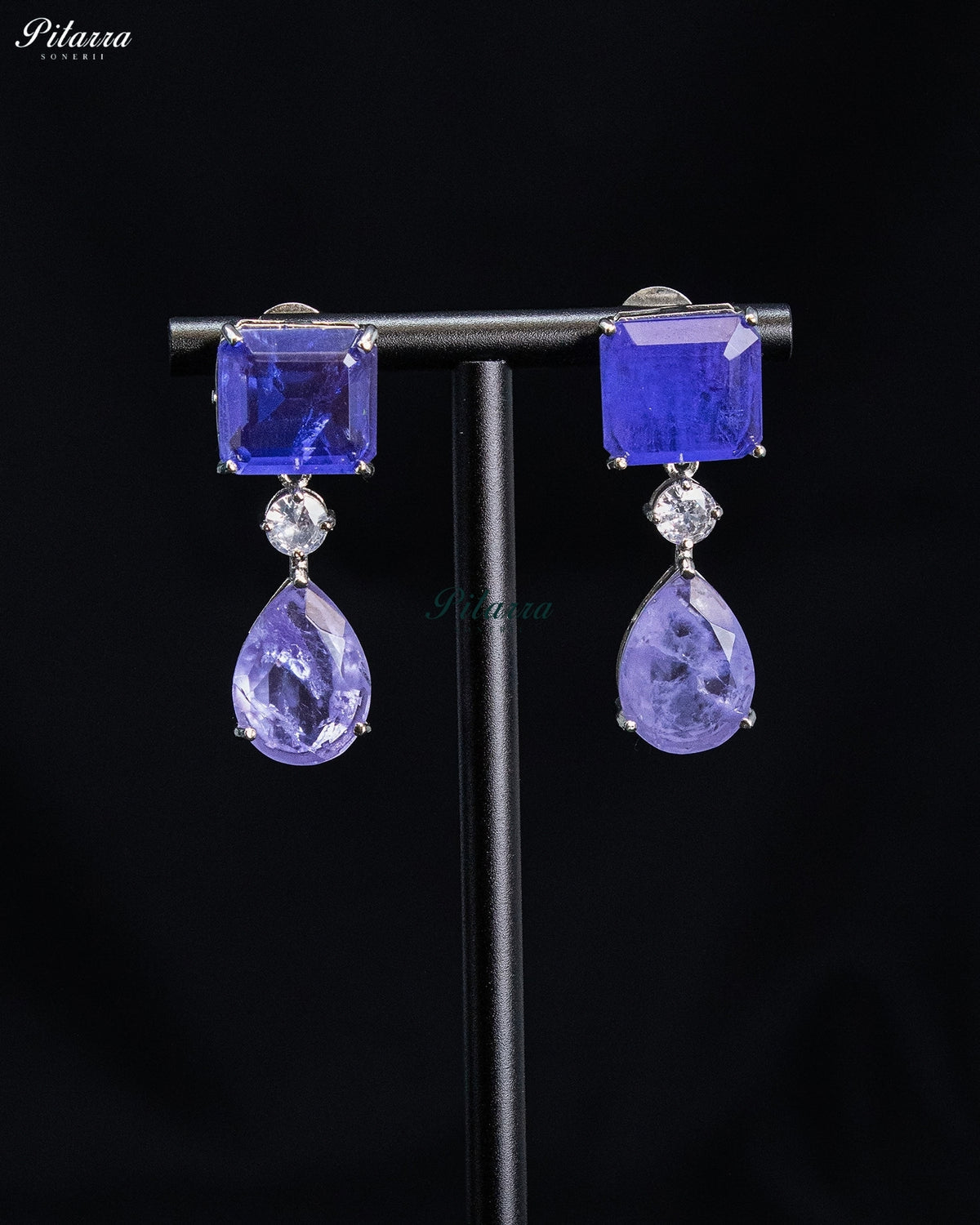 Lavender Purple Geometric and Pear-Drop Statement Necklace Set