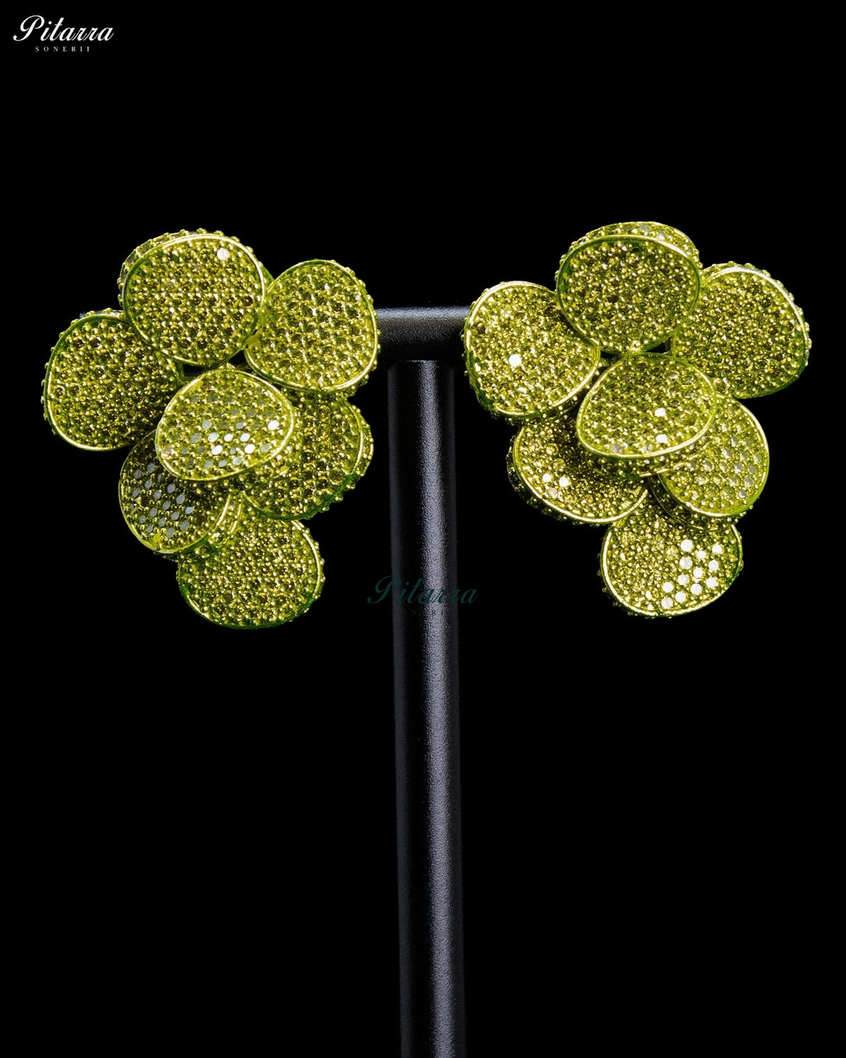 Lime Green Crystal Floral Cluster Statement Stud Earrings