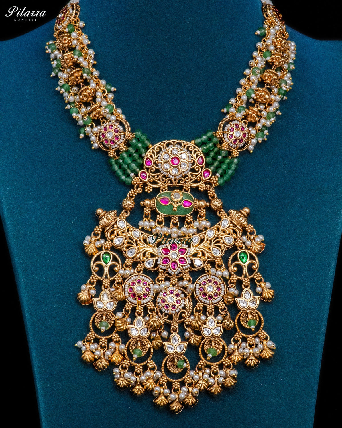 Antique Gold Plated Green Beaded Peacock Kundan Long Necklace Set