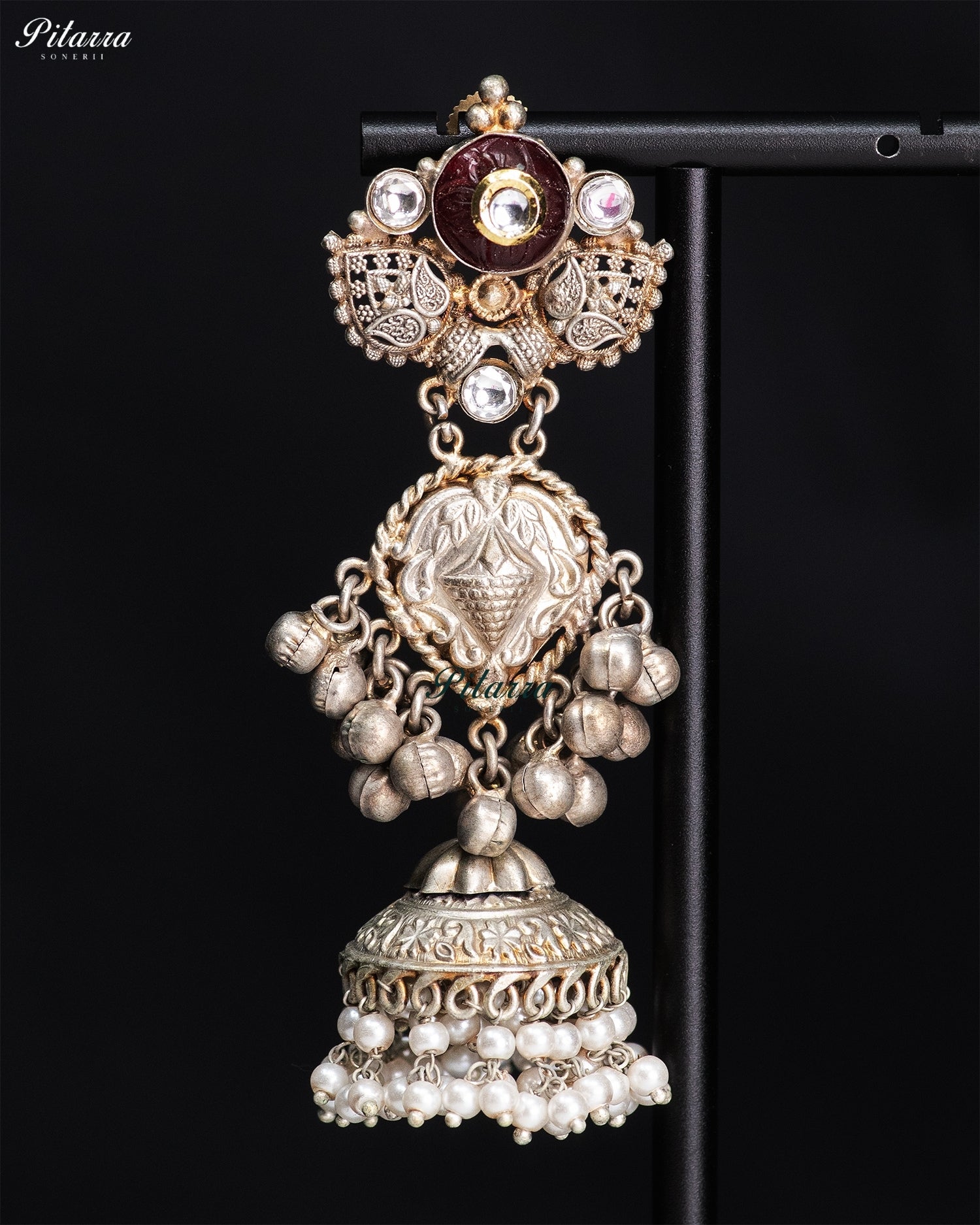 Maroon Stone Silver Look-Alike Pearl Jhumka Earrings