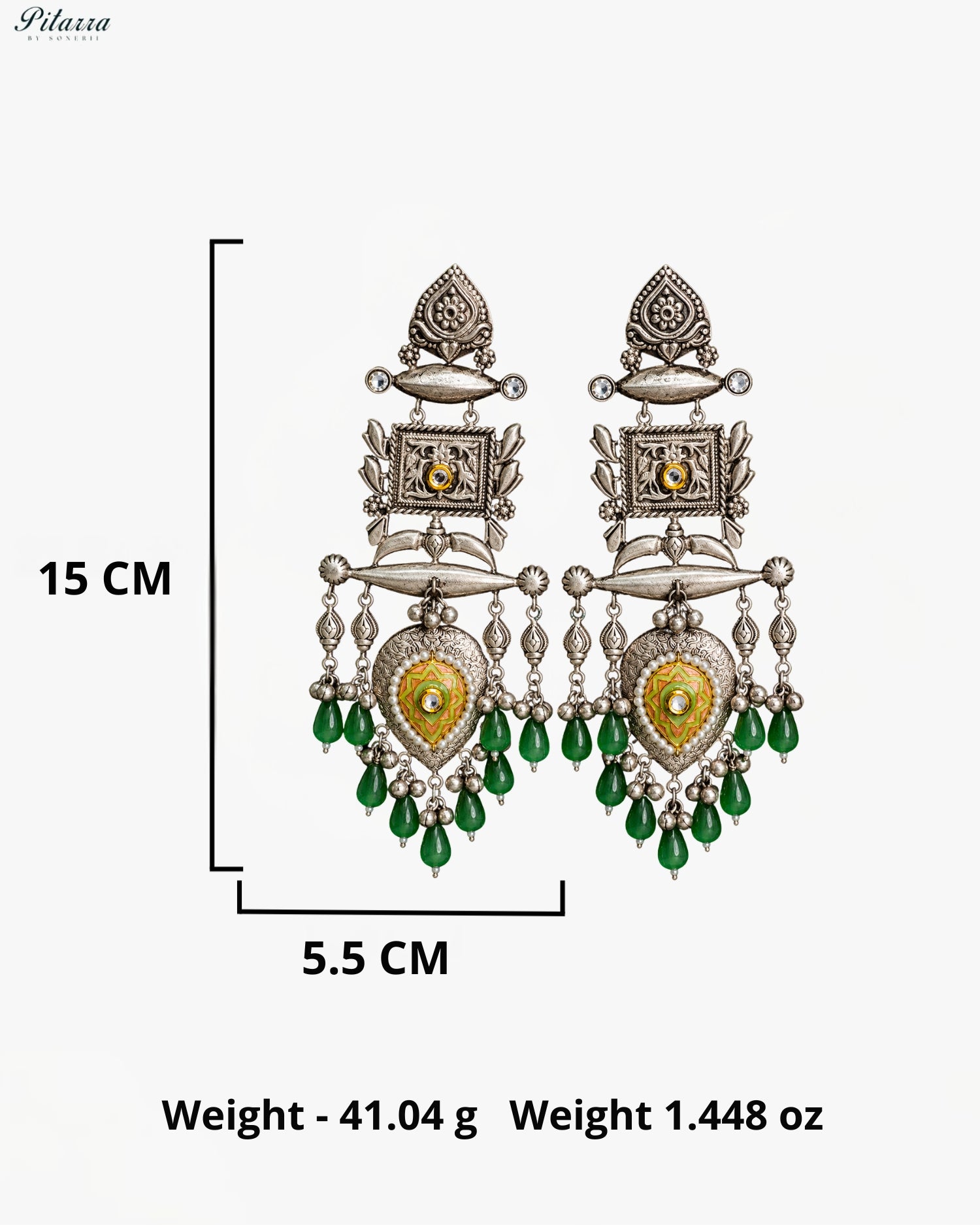Emerald Droplet Tribal Silver Look-Alike Chandbali Earrings
