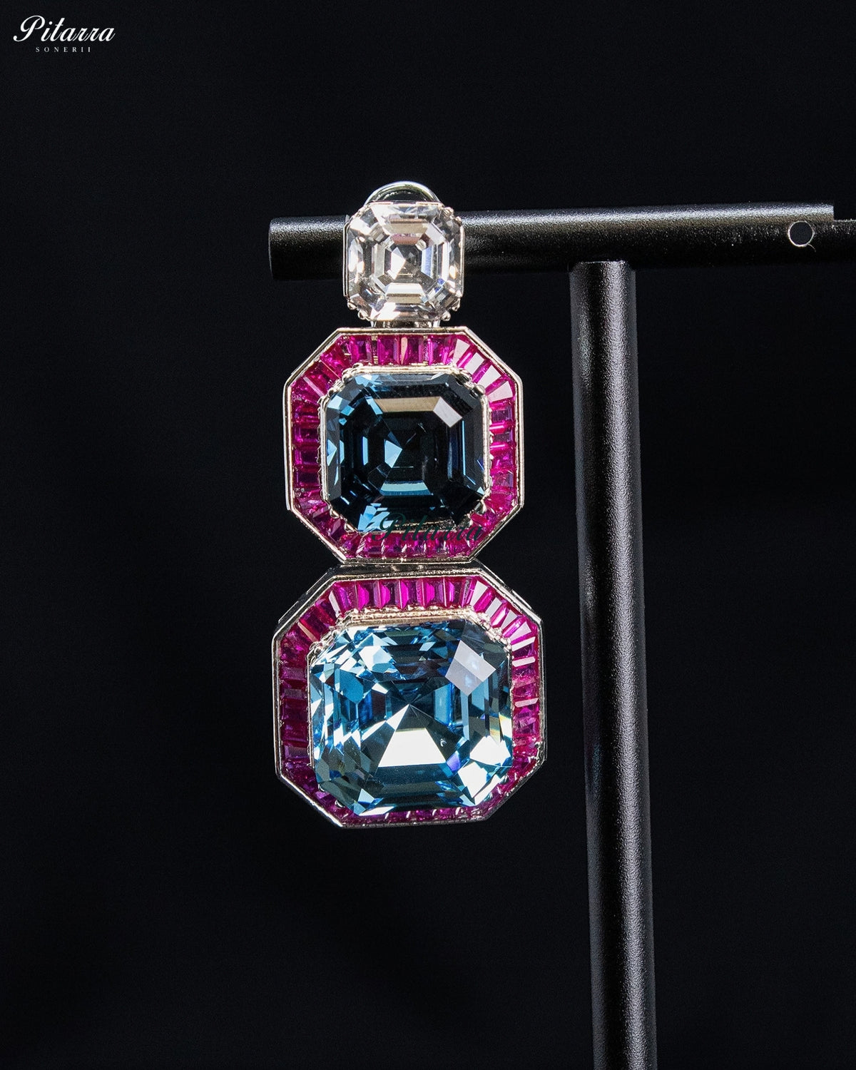 Aqua Blue and Ruby Pink Geometric Drop Statement Earrings