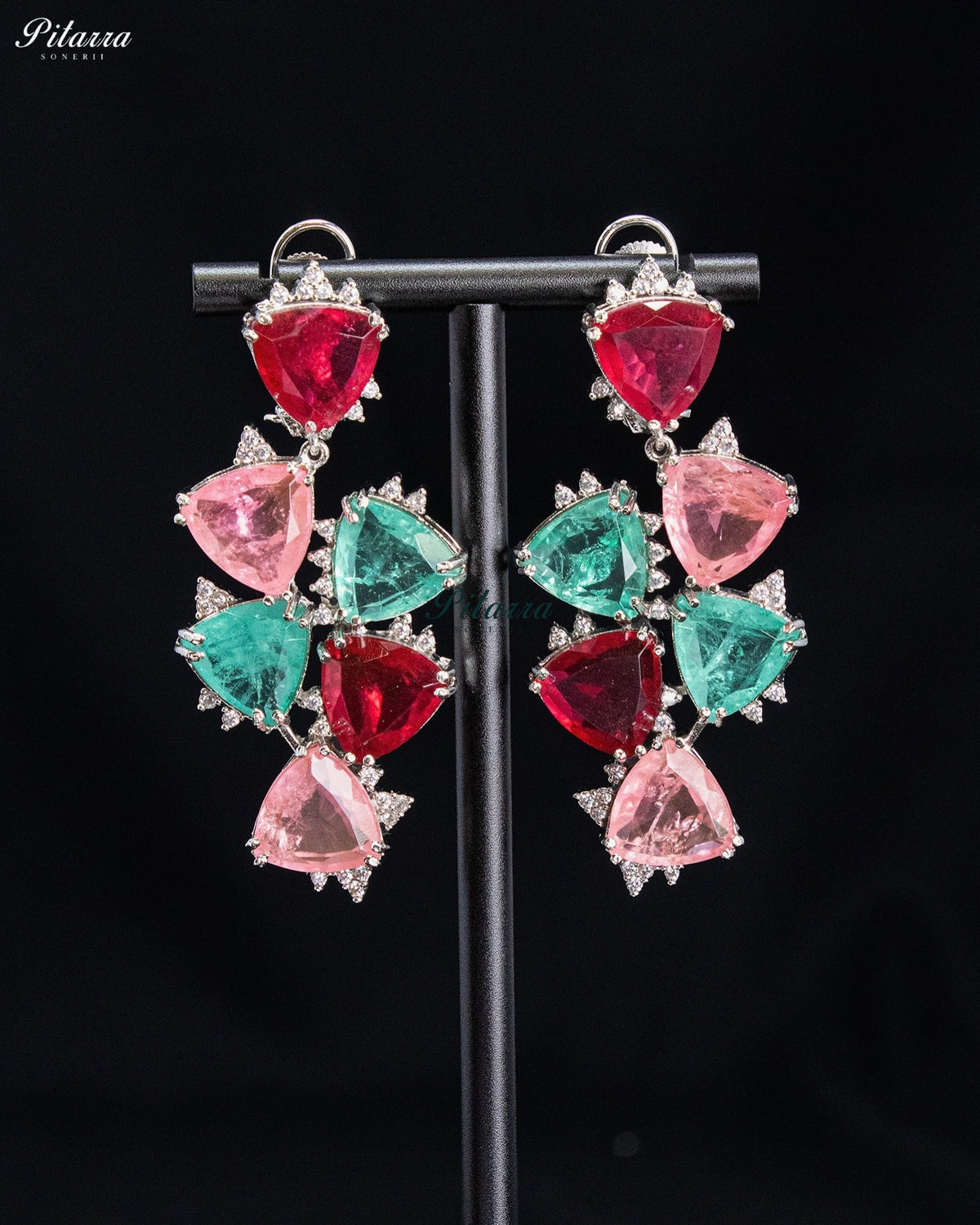 Multicolor Trillion-Cut Gemstone Statement Drop Earrings