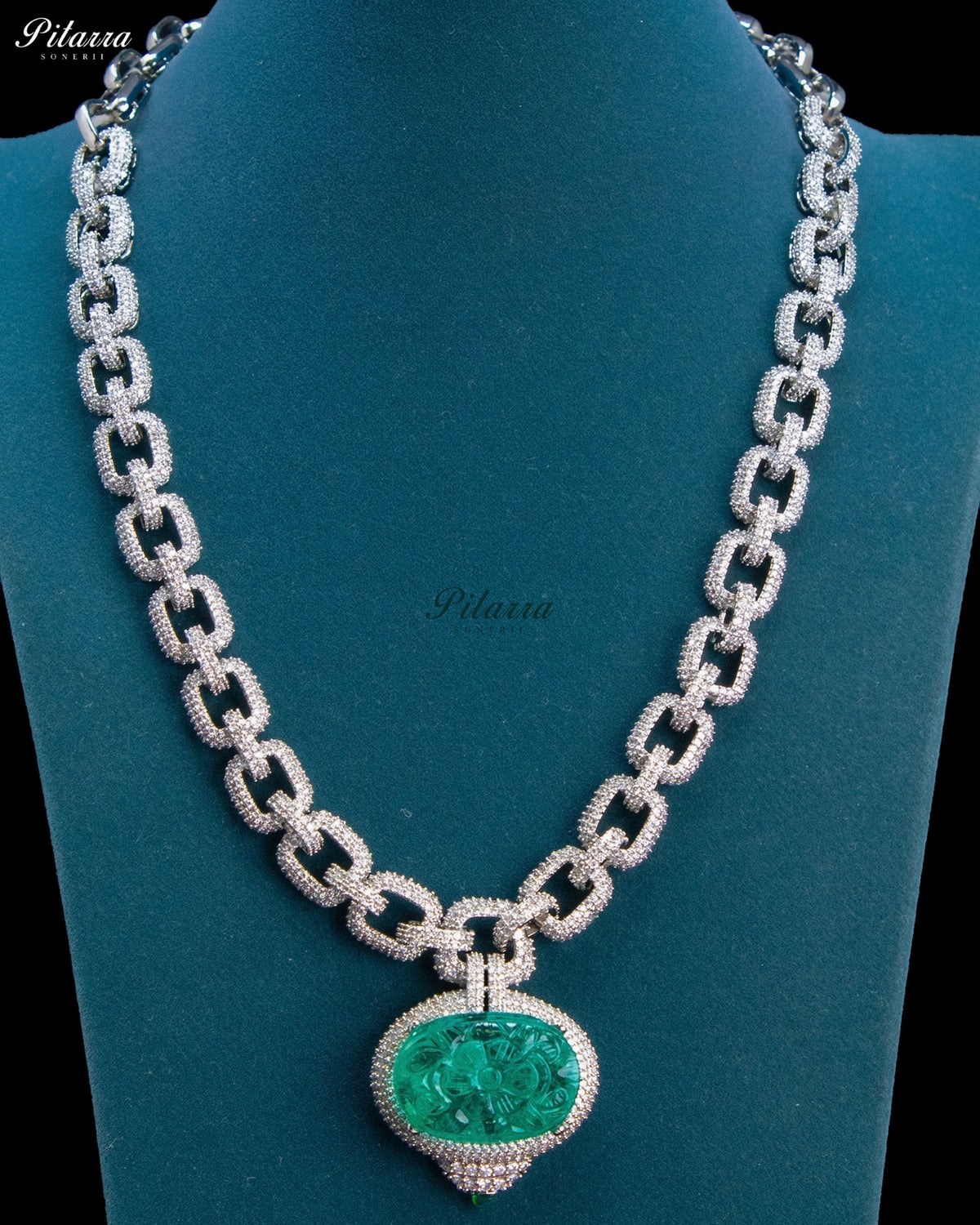 Emerald Green Carved Medallion Link Statement Necklace Set