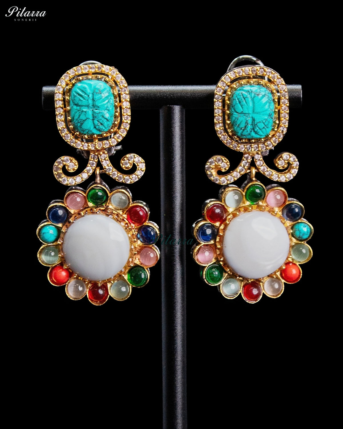 Turquoise Blue Multicolor Stone Gold Tone Ethnic Dangler Earrings
