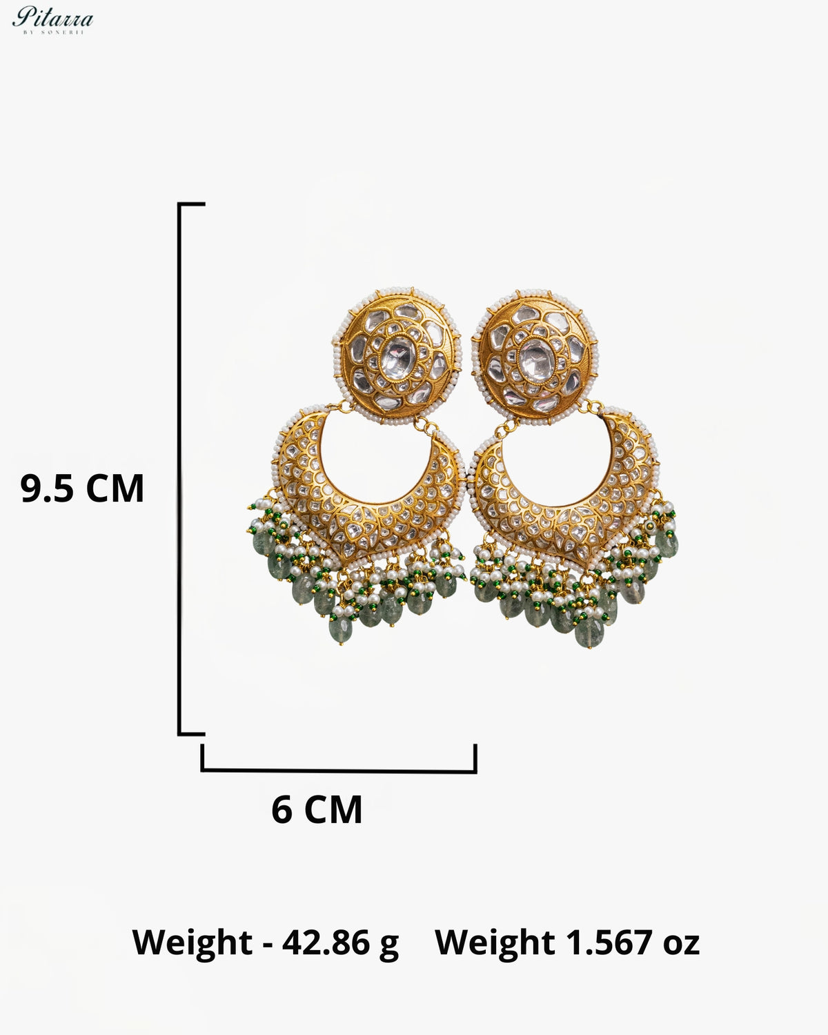 White Green Pearl Kundan Chandbali Earrings