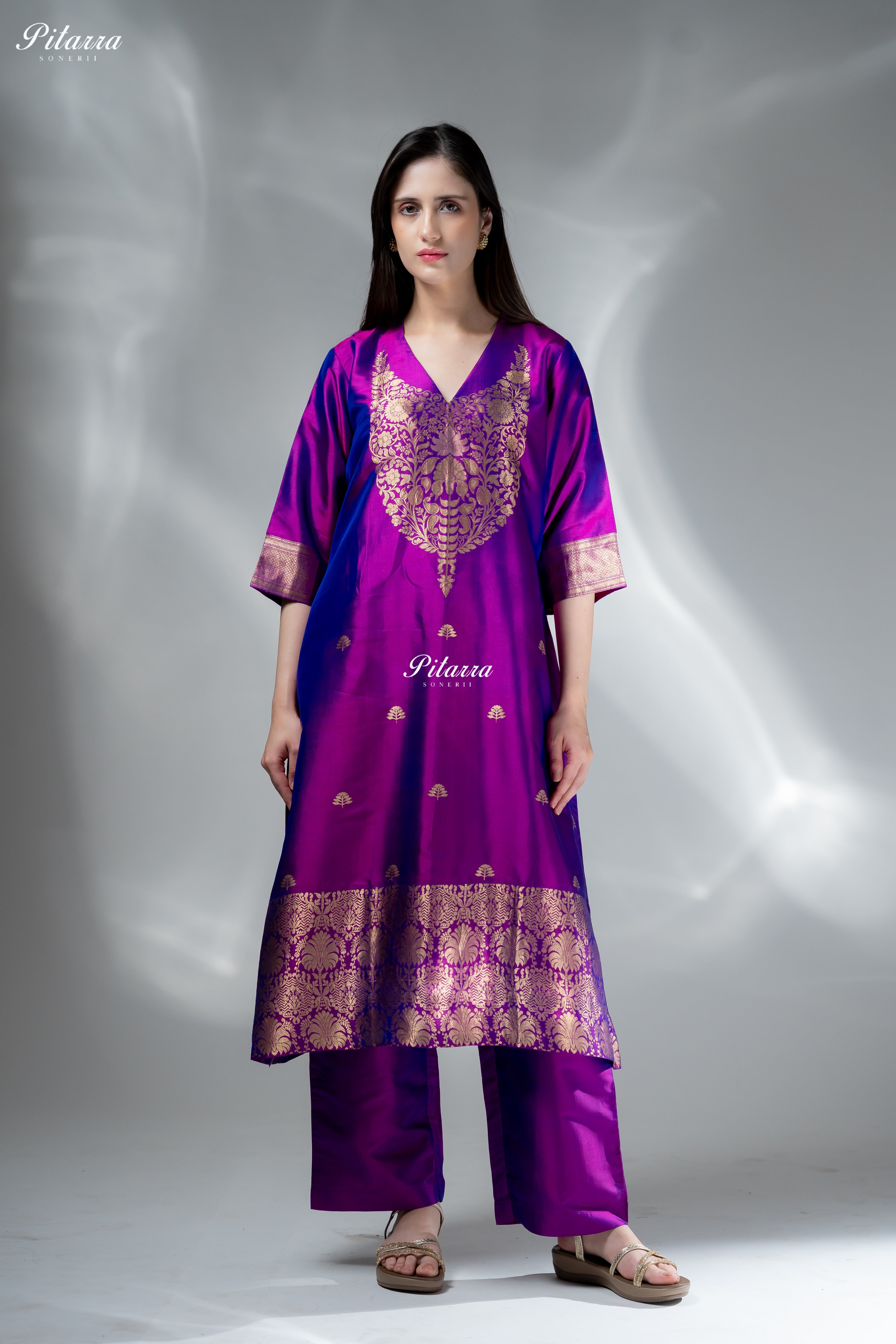 Royal Purple & Blue Gold Zari Floral Embroidered Kurta Palazzo Set