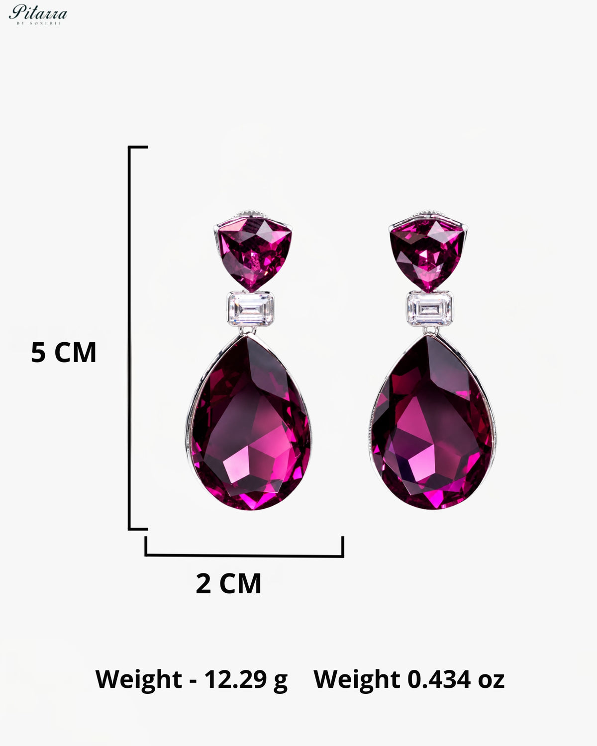 Magenta Crystal Heart and Pear Drop Earrings