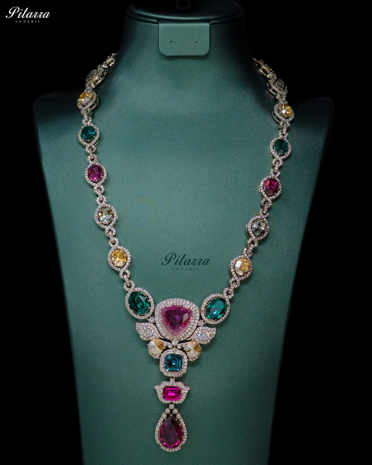 Ruby Pink Multicolor Crystal Pendant Necklace Set