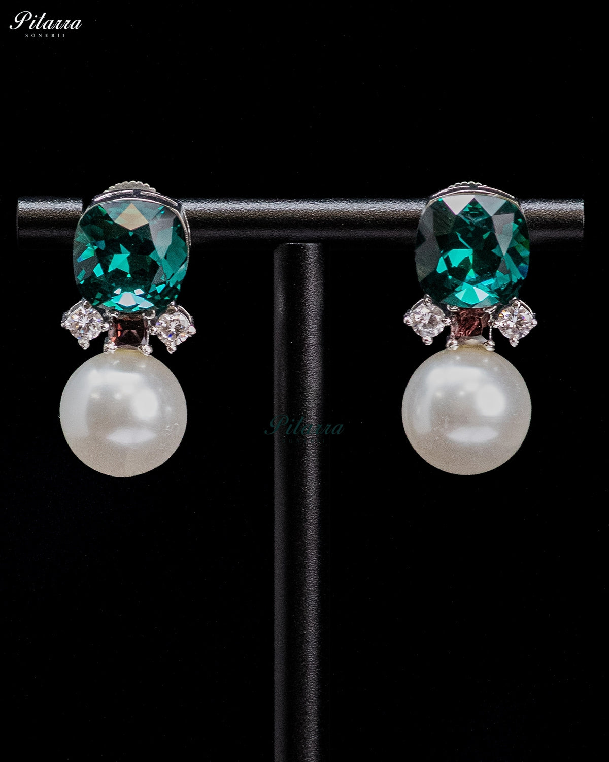 Emerald Green Crystal Pearl Drop Earrings