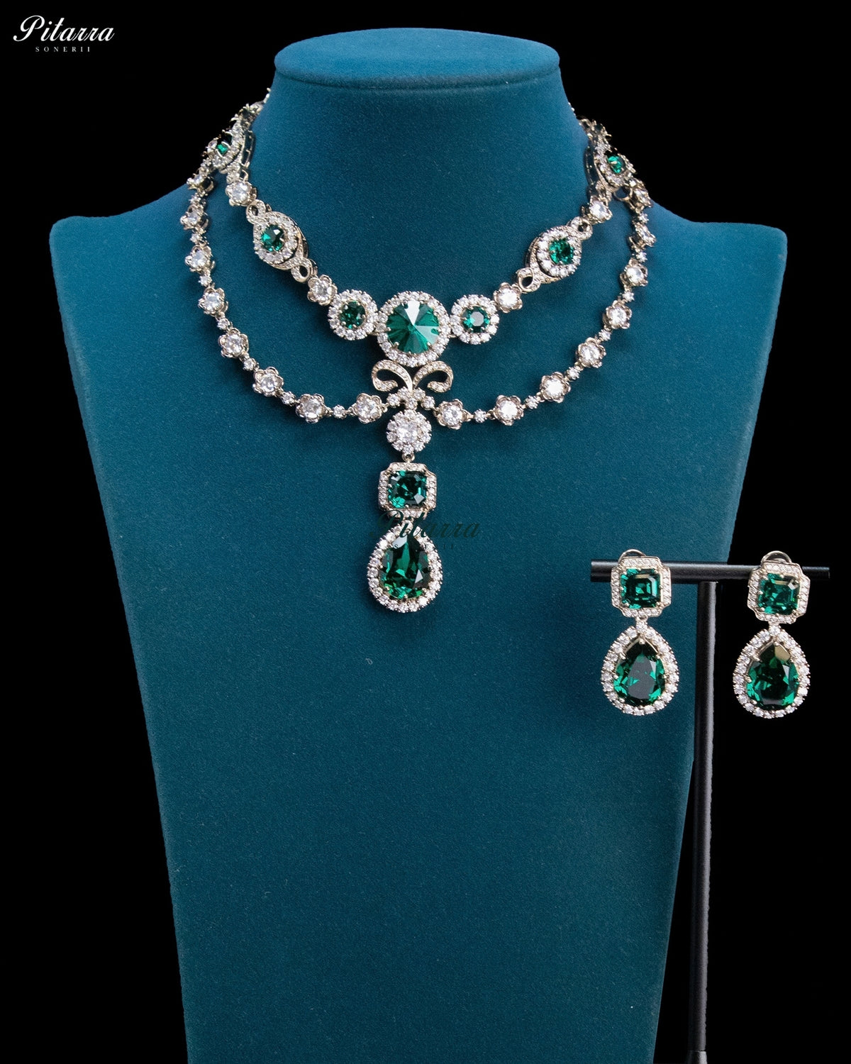 Emerald Green Double-Layer Teardrop Statement Necklace Set