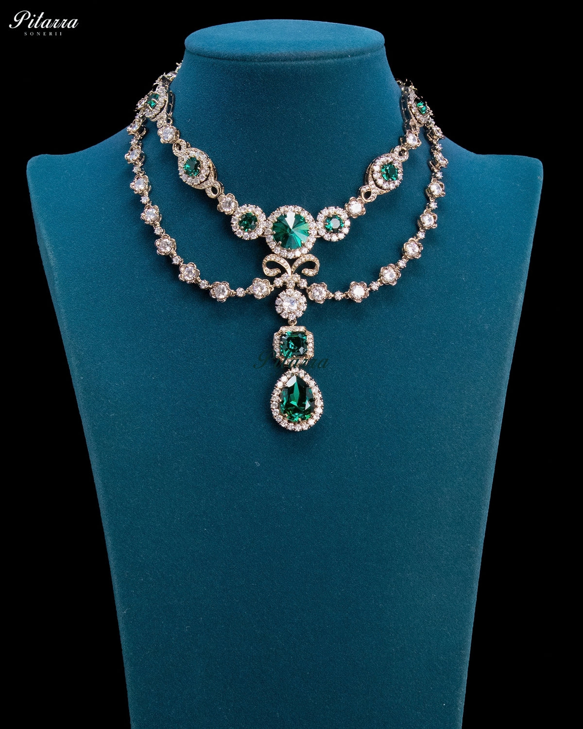 Emerald Green Double-Layer Teardrop Statement Necklace Set