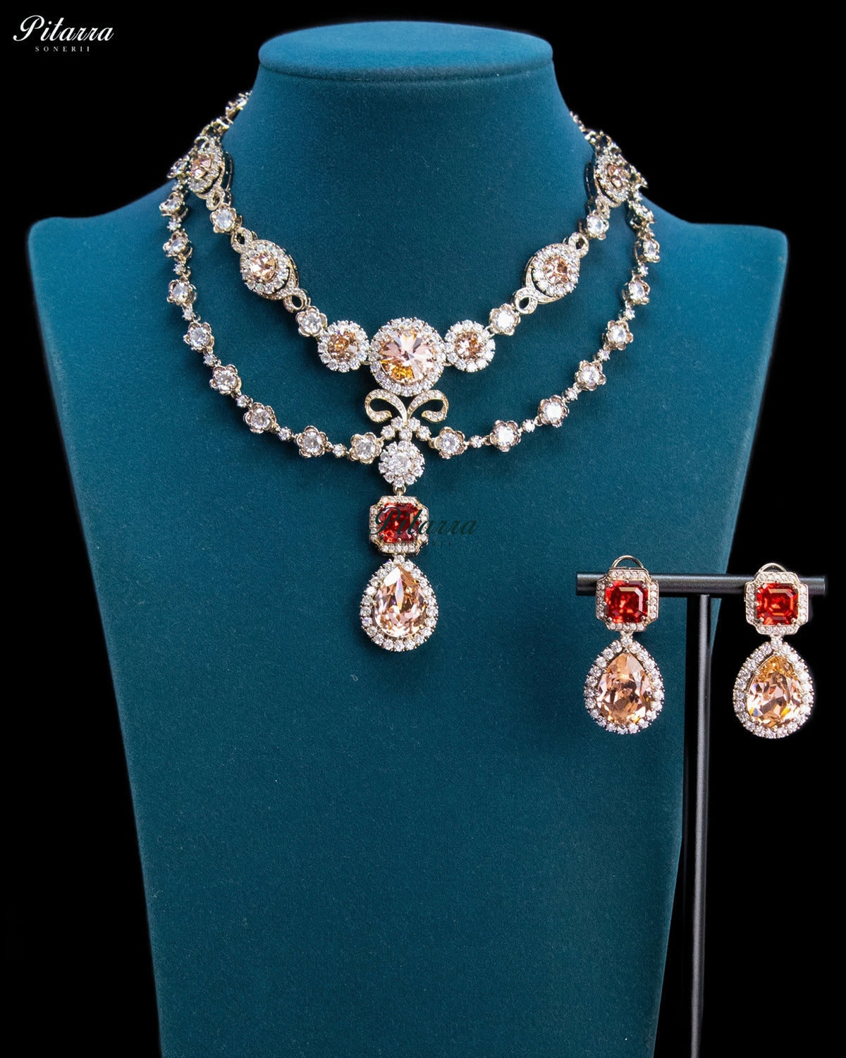 Champagne and Ruby Double-Layer Teardrop Statement Necklace Set
