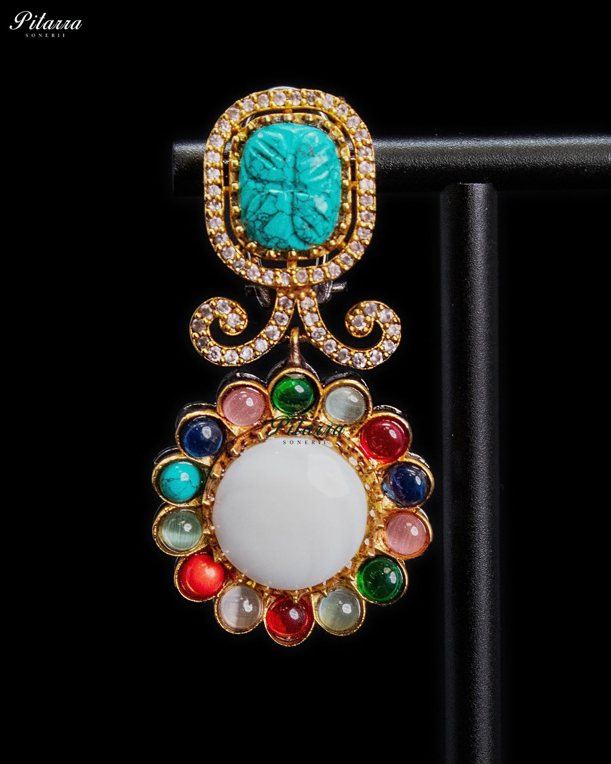 Turquoise Blue Multicolor Stone Gold Tone Ethnic Dangler Earrings