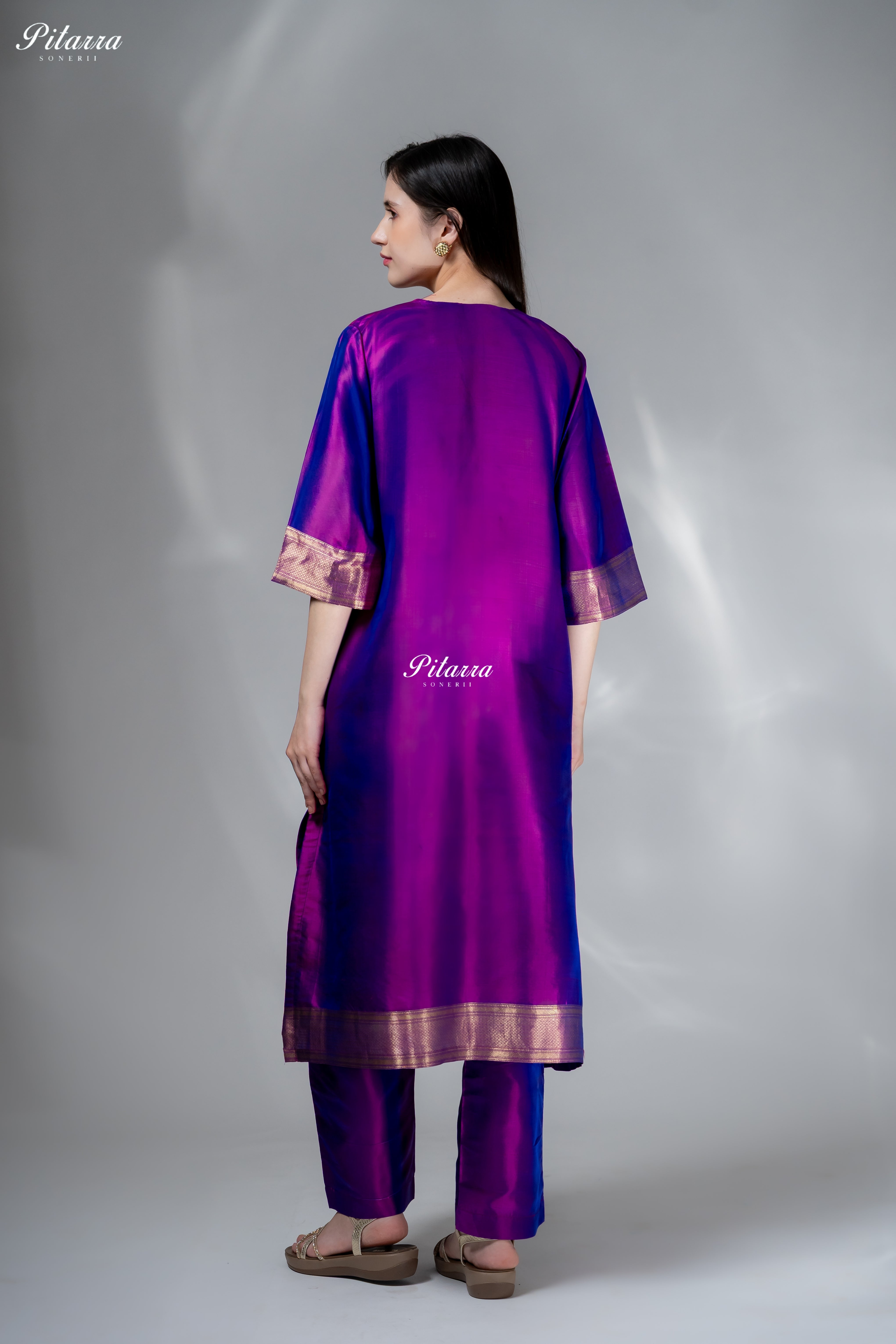 Royal Purple & Blue Gold Zari Floral Embroidered Kurta Palazzo Set