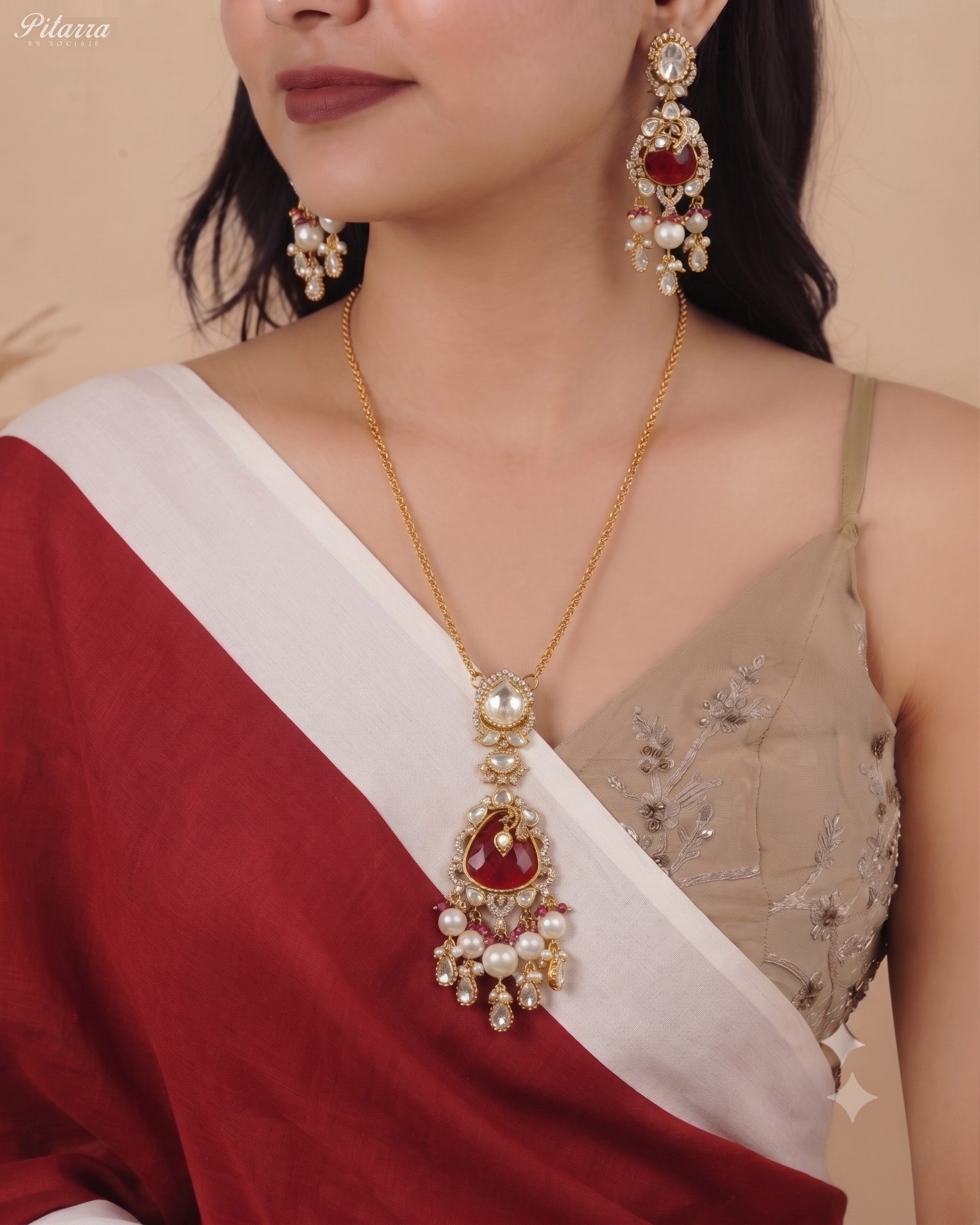 Red Stone Gold Plated Beaded Traditional Necklace Set