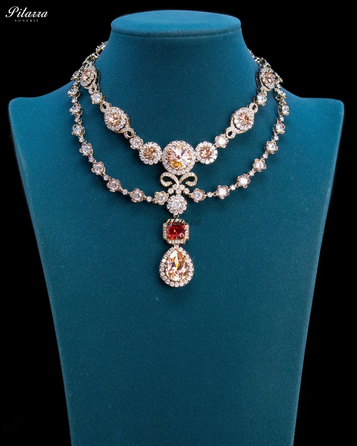 Champagne and Ruby Double-Layer Teardrop Statement Necklace Set