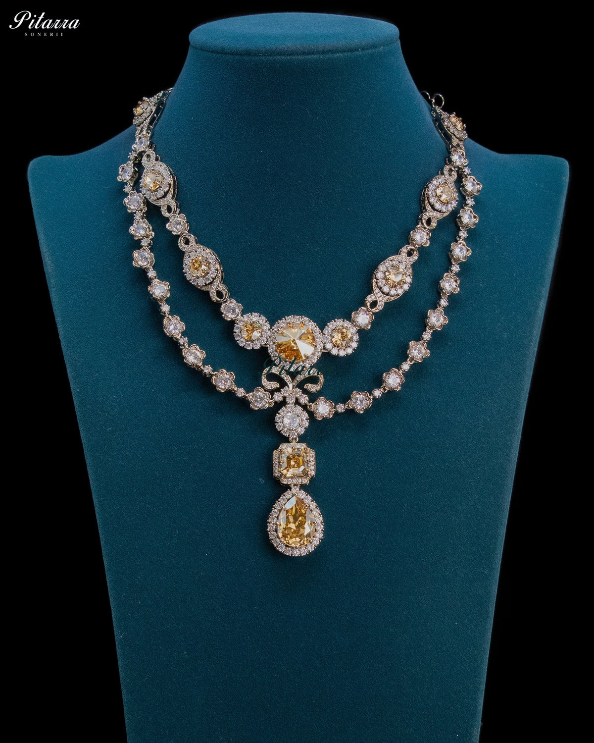 Champagne Crystal Double-Layer Teardrop Statement Necklace Set